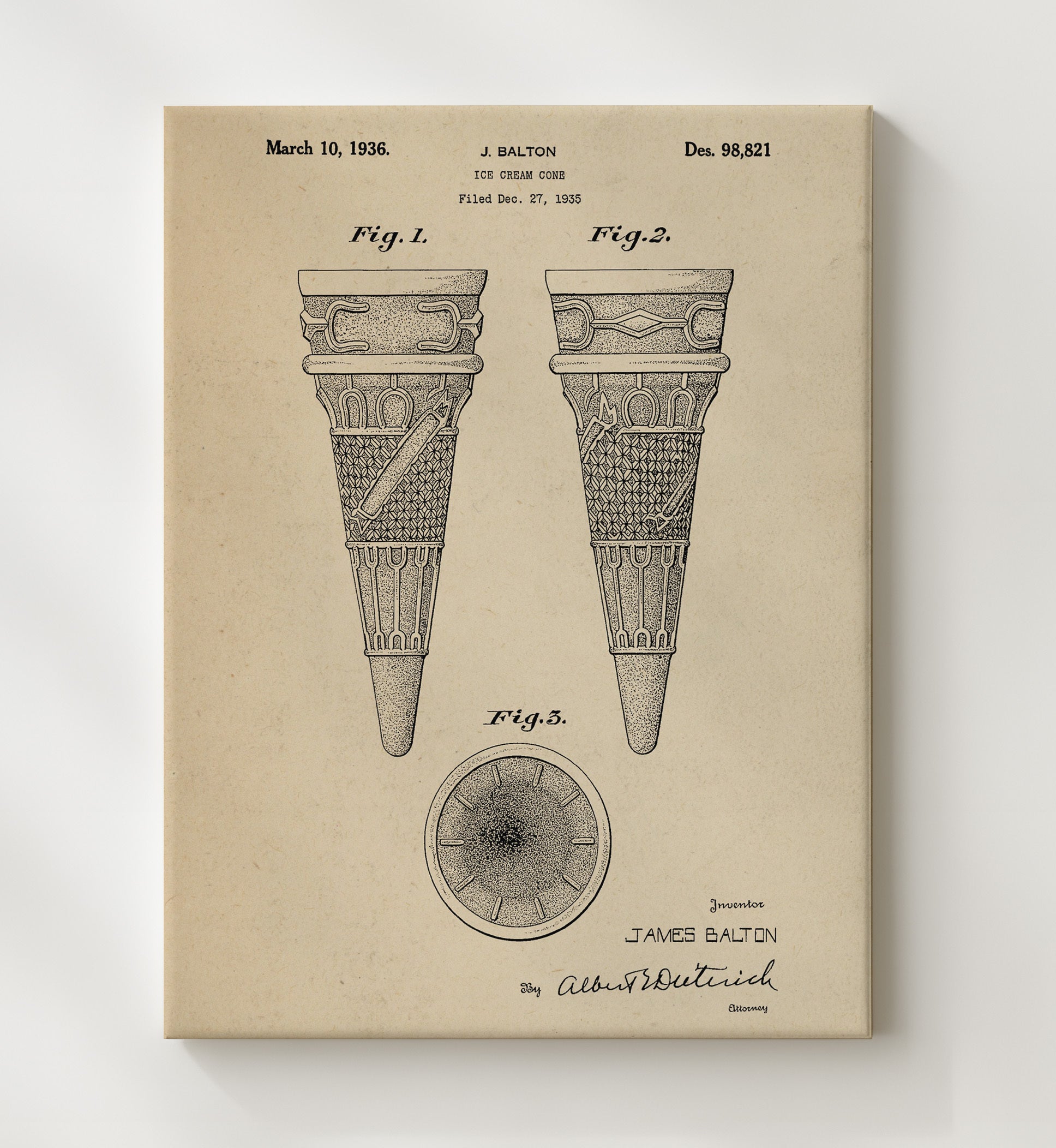Patent Print - Ice Cream Cone Design - J. Balton - 1936 - Patent D98821 Patent Wall Art