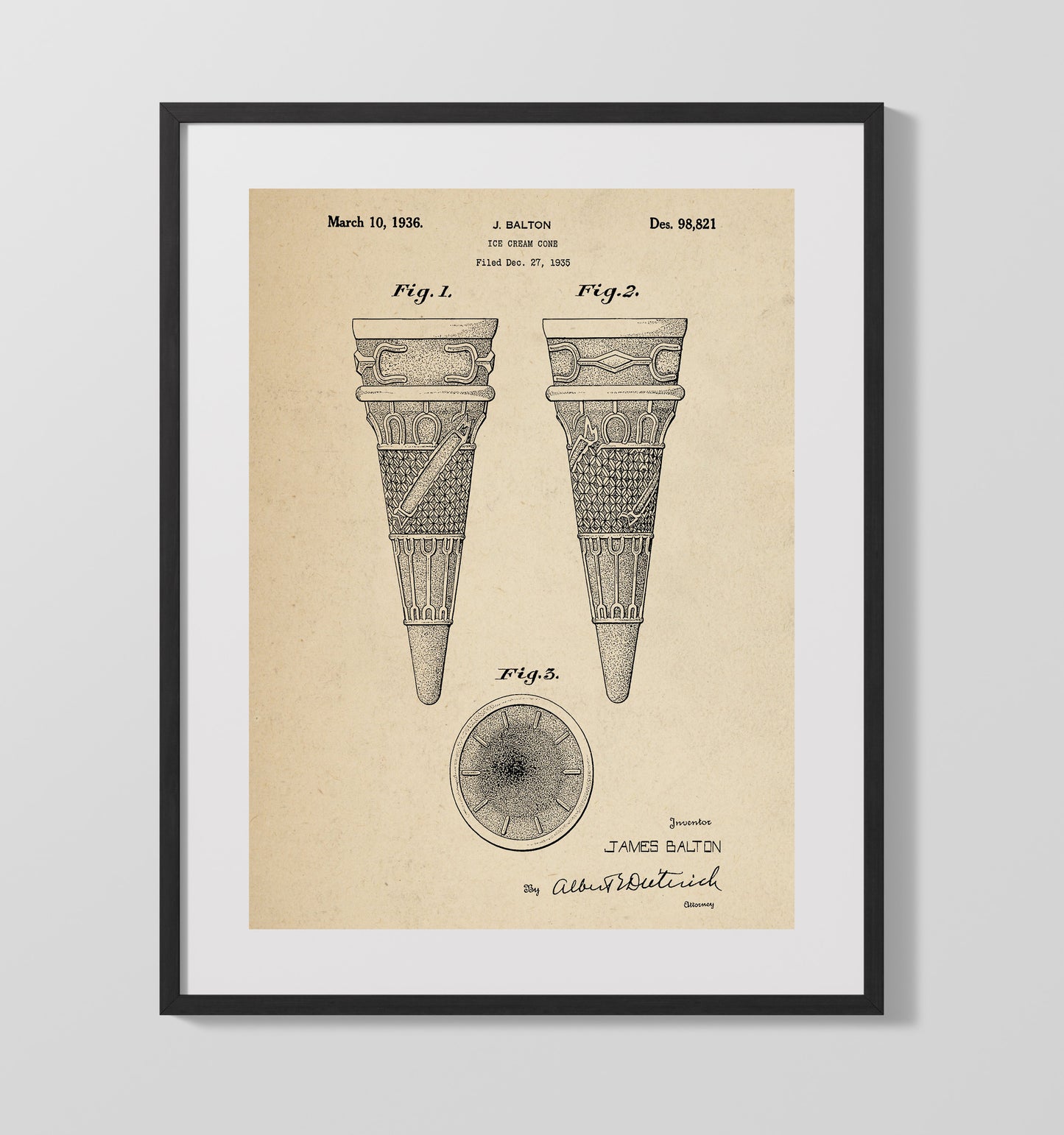 Patent Print - Ice Cream Cone Design - J. Balton - 1936 - Patent D98821 Patent Wall Art