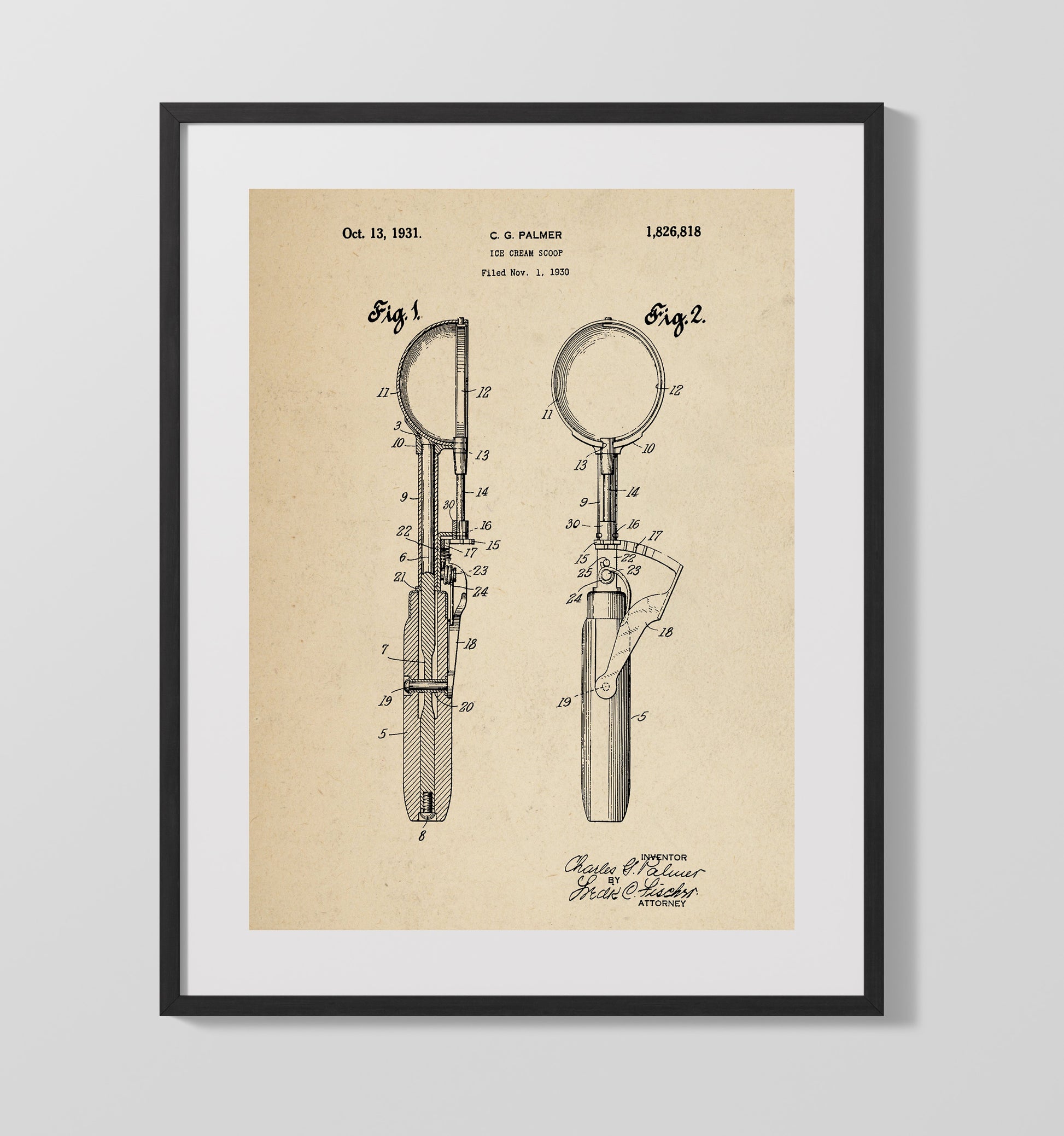 Patent Print - Ice Cream Scoop - C.G. Palmer - 1931 - Patent 1826818 Patent Wall Art