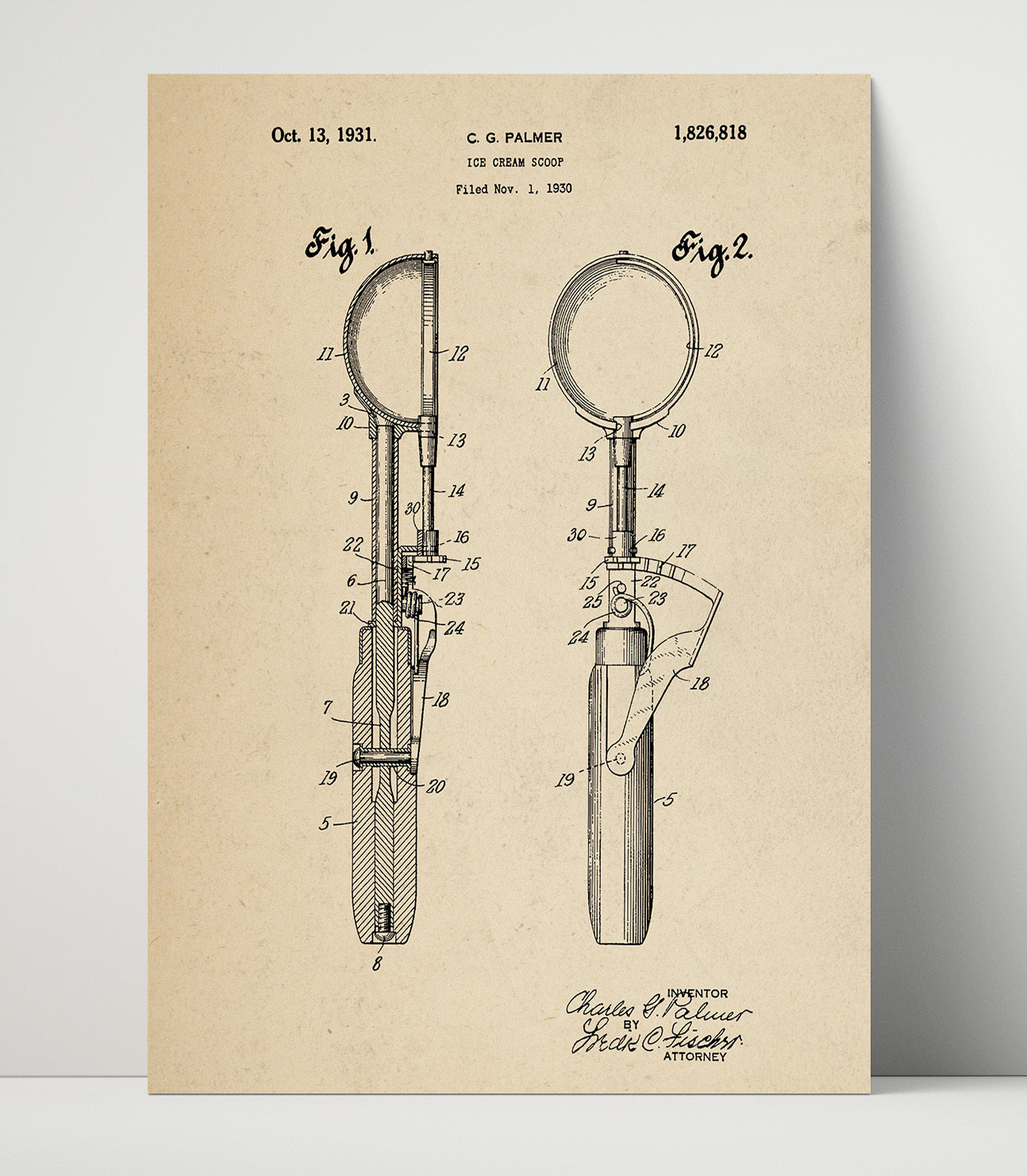 Patent Print - Ice Cream Scoop - C.G. Palmer - 1931 - Patent 1826818 Patent Wall Art