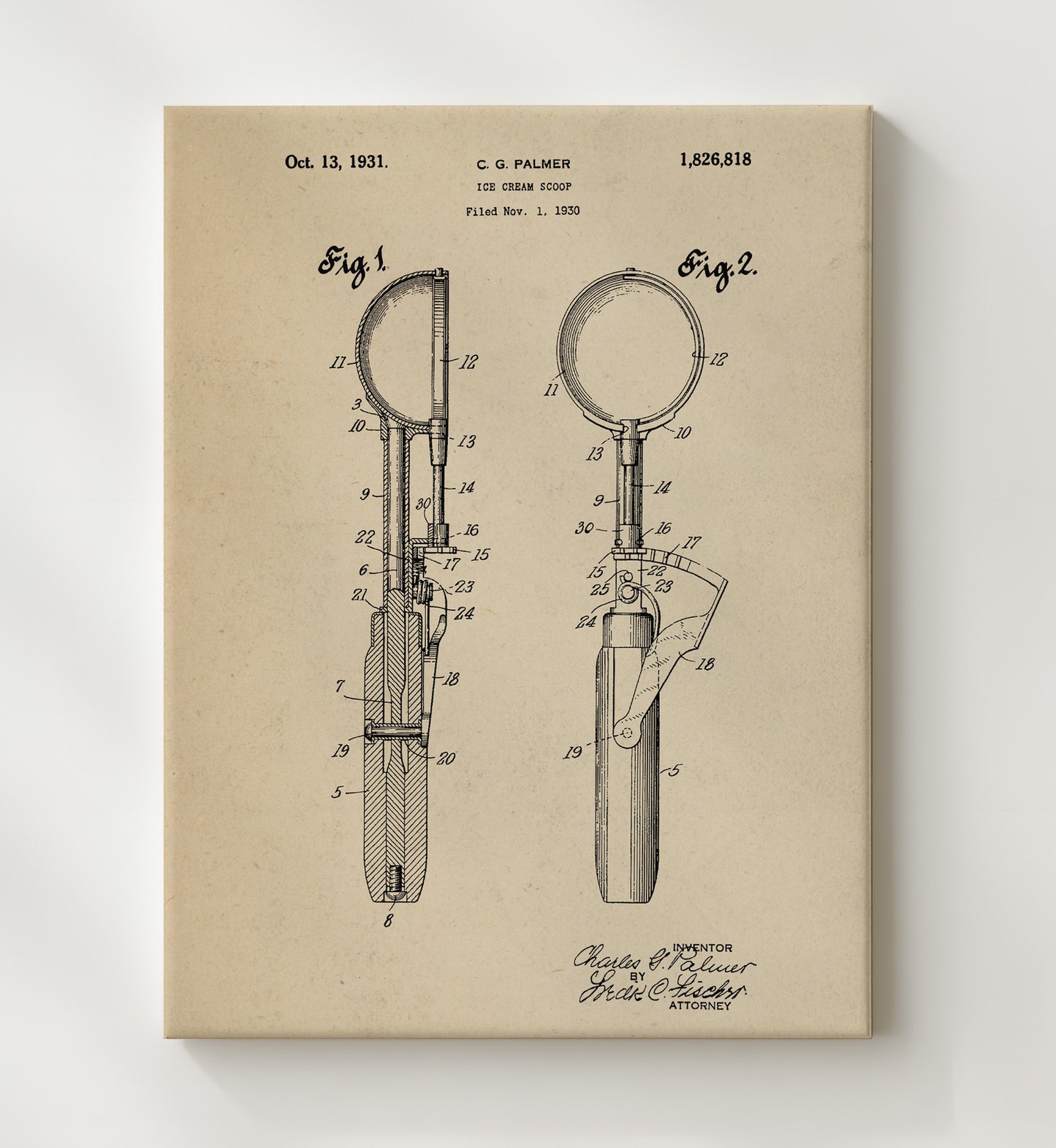 Patent Print - Ice Cream Scoop - C.G. Palmer - 1931 - Patent 1826818 Patent Wall Art