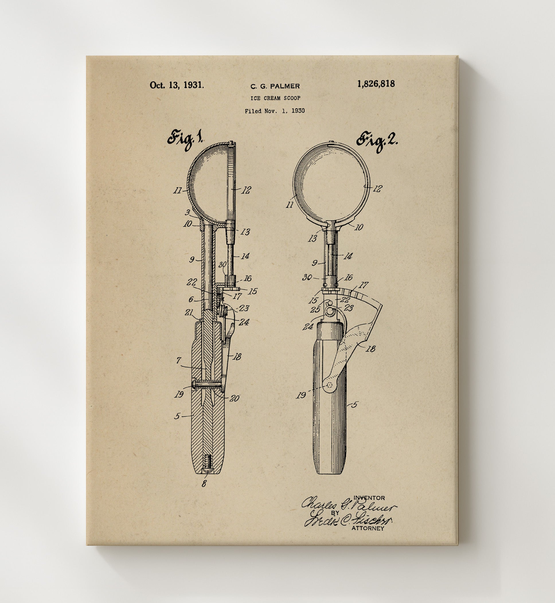Patent Print - Ice Cream Scoop - C.G. Palmer - 1931 - Patent 1826818 Patent Wall Art