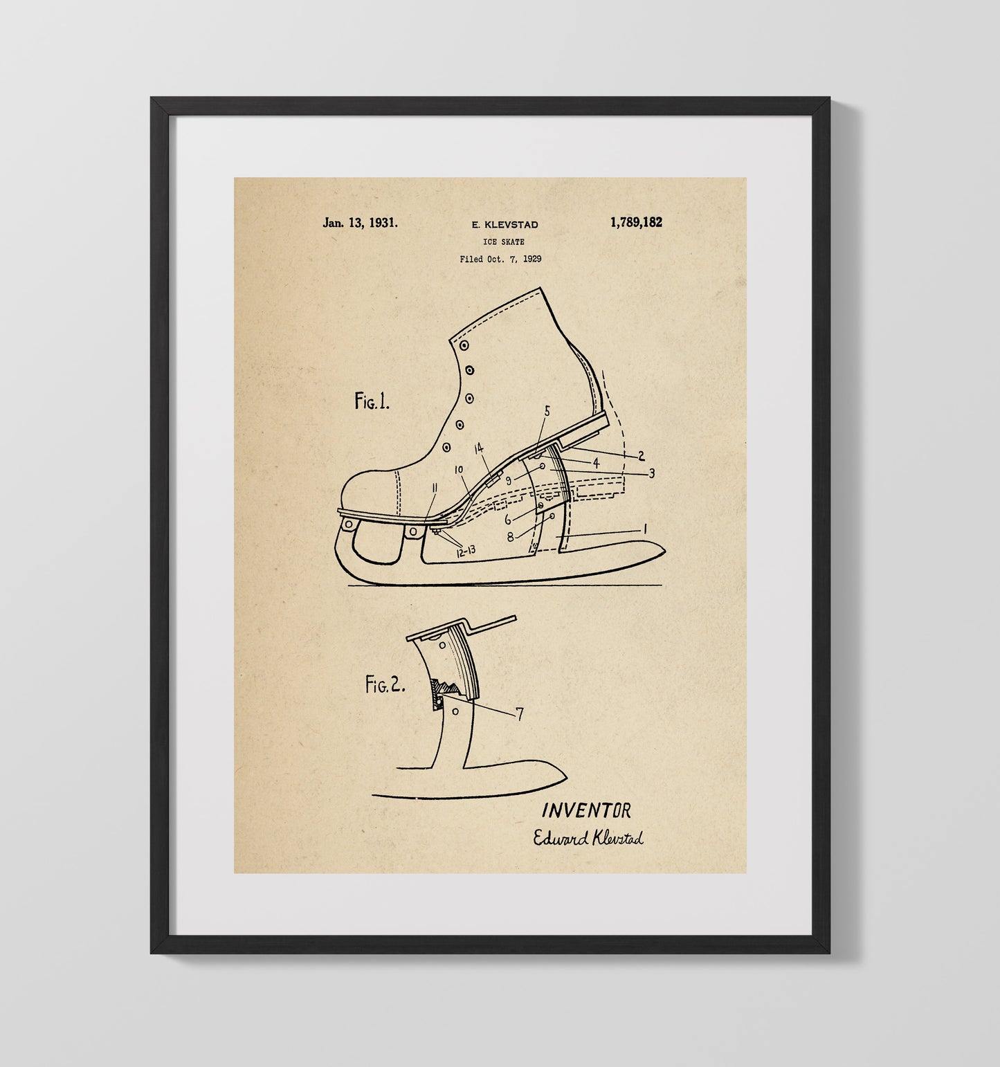 Patent Print - Ice Skate - E Klevstad - 1931 - Patent 1789182 Patent Wall Art