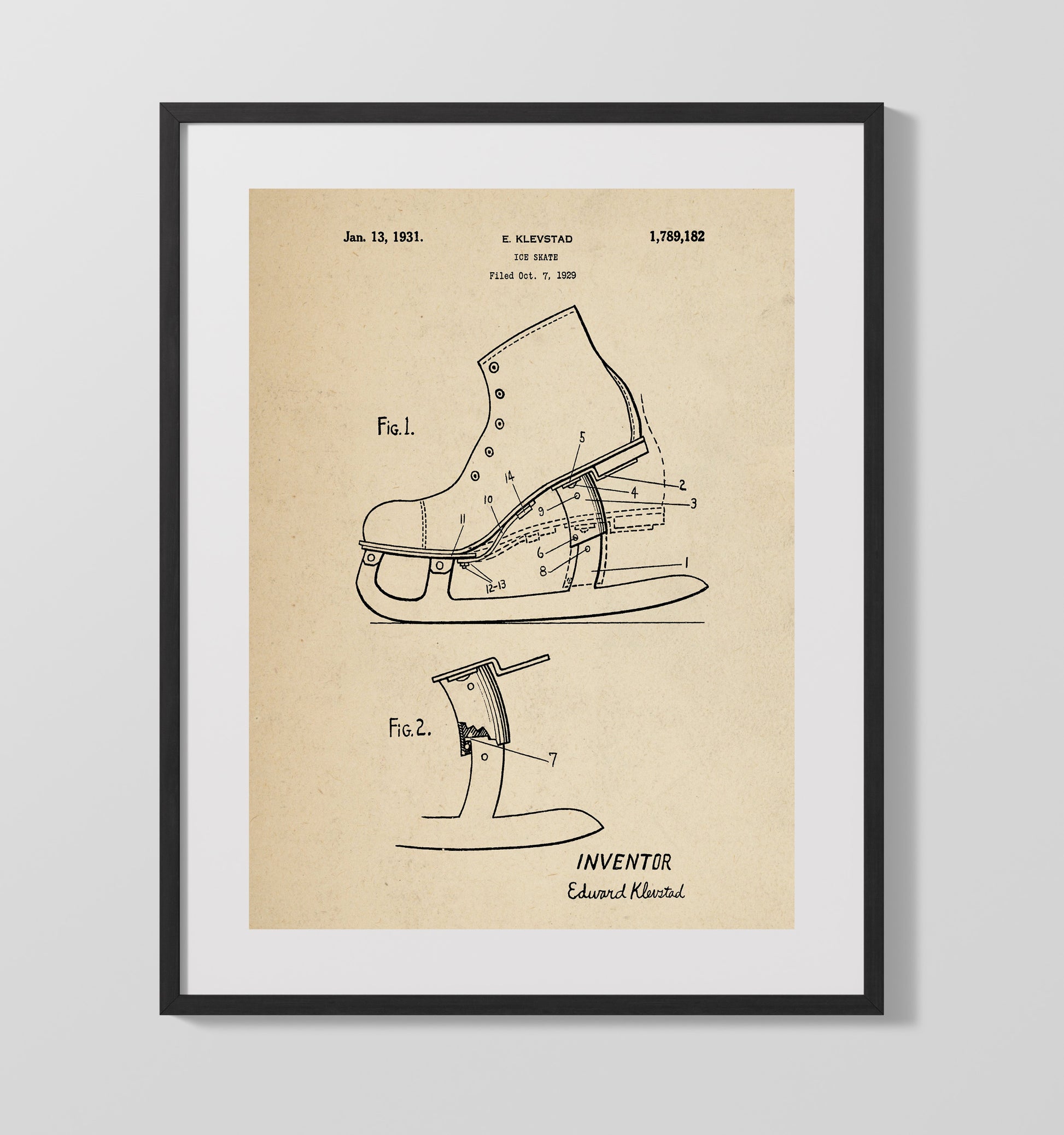 Patent Print - Ice Skate - E Klevstad - 1931 - Patent 1789182 Patent Wall Art