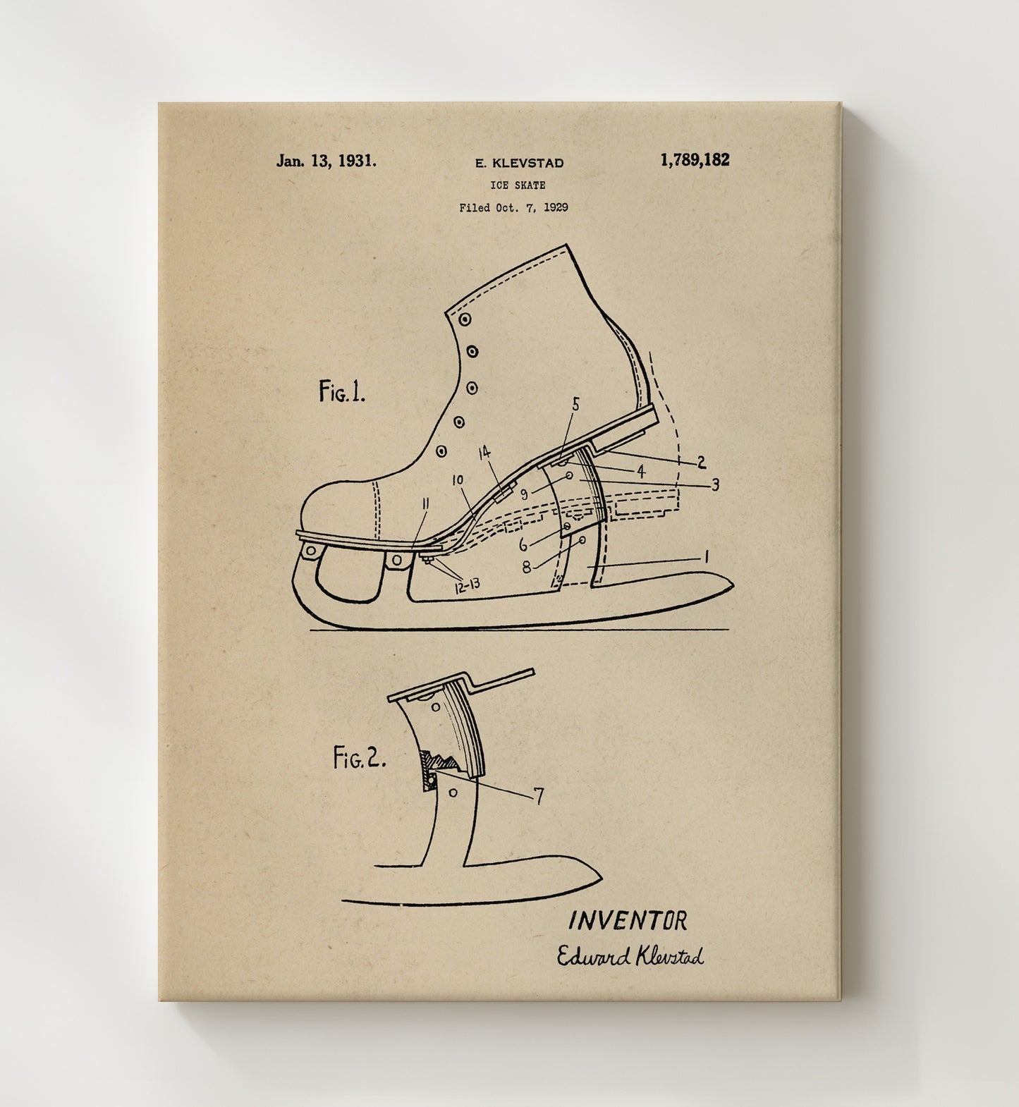 Patent Print - Ice Skate - E Klevstad - 1931 - Patent 1789182 Patent Wall Art
