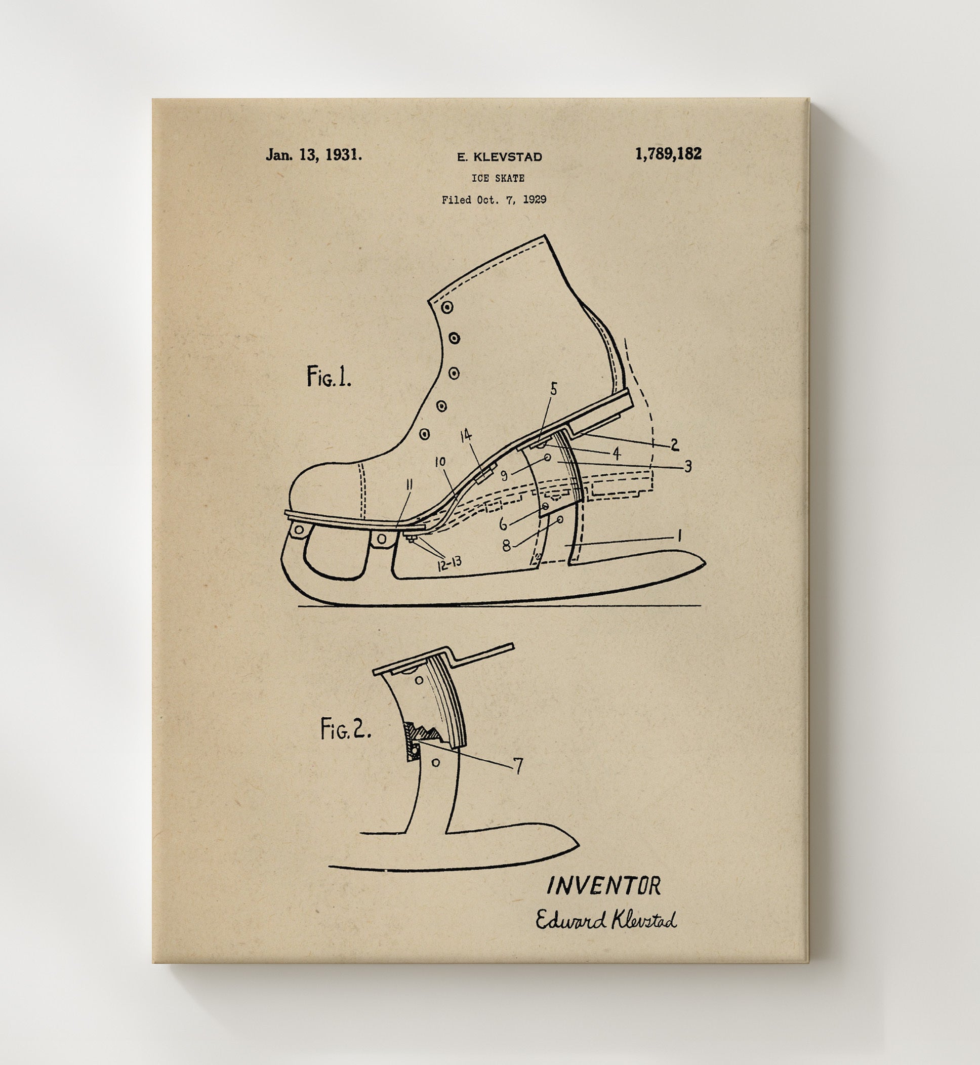 Patent Print - Ice Skate - E Klevstad - 1931 - Patent 1789182 Patent Wall Art