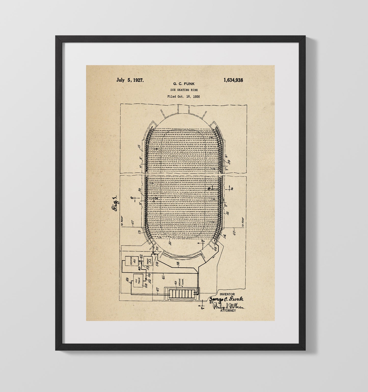 Patent Print - Ice Skating Rink - G C Funk - 1927 - Patent 1634938 Patent Wall Art