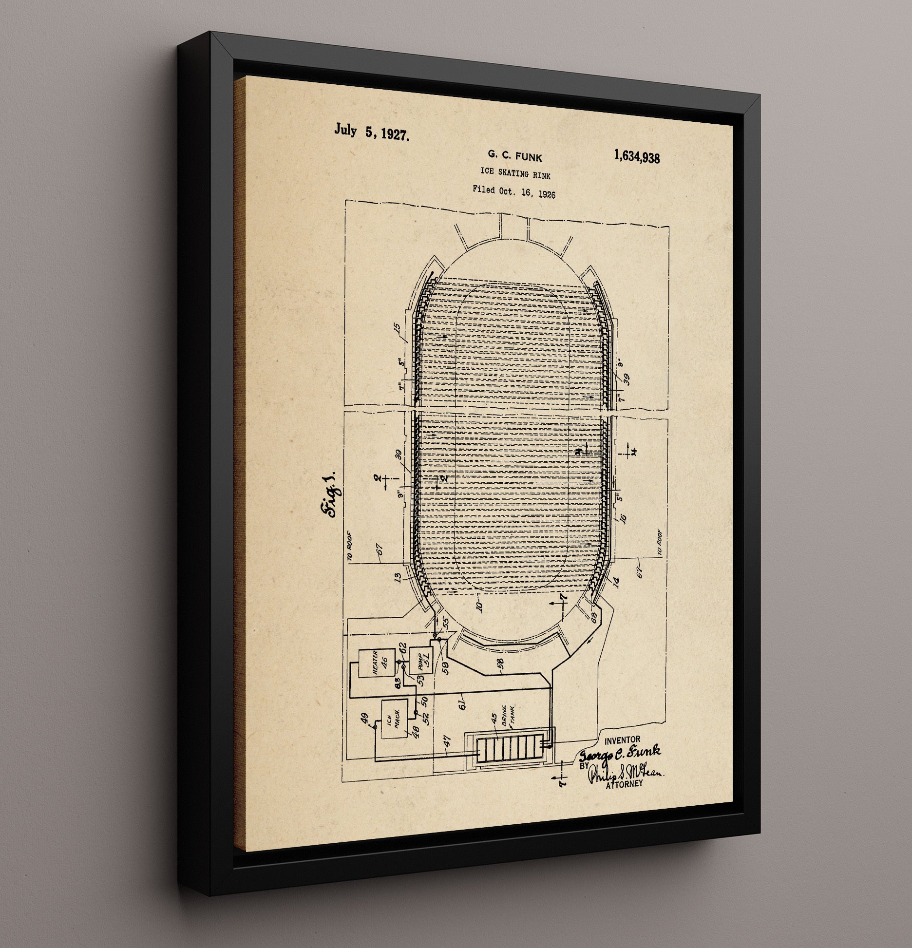 Patent Print - Ice Skating Rink - G C Funk - 1927 - Patent 1634938 Patent Wall Art