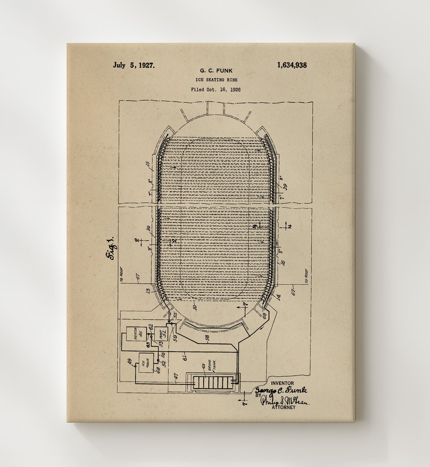 Patent Print - Ice Skating Rink - G C Funk - 1927 - Patent 1634938 Patent Wall Art