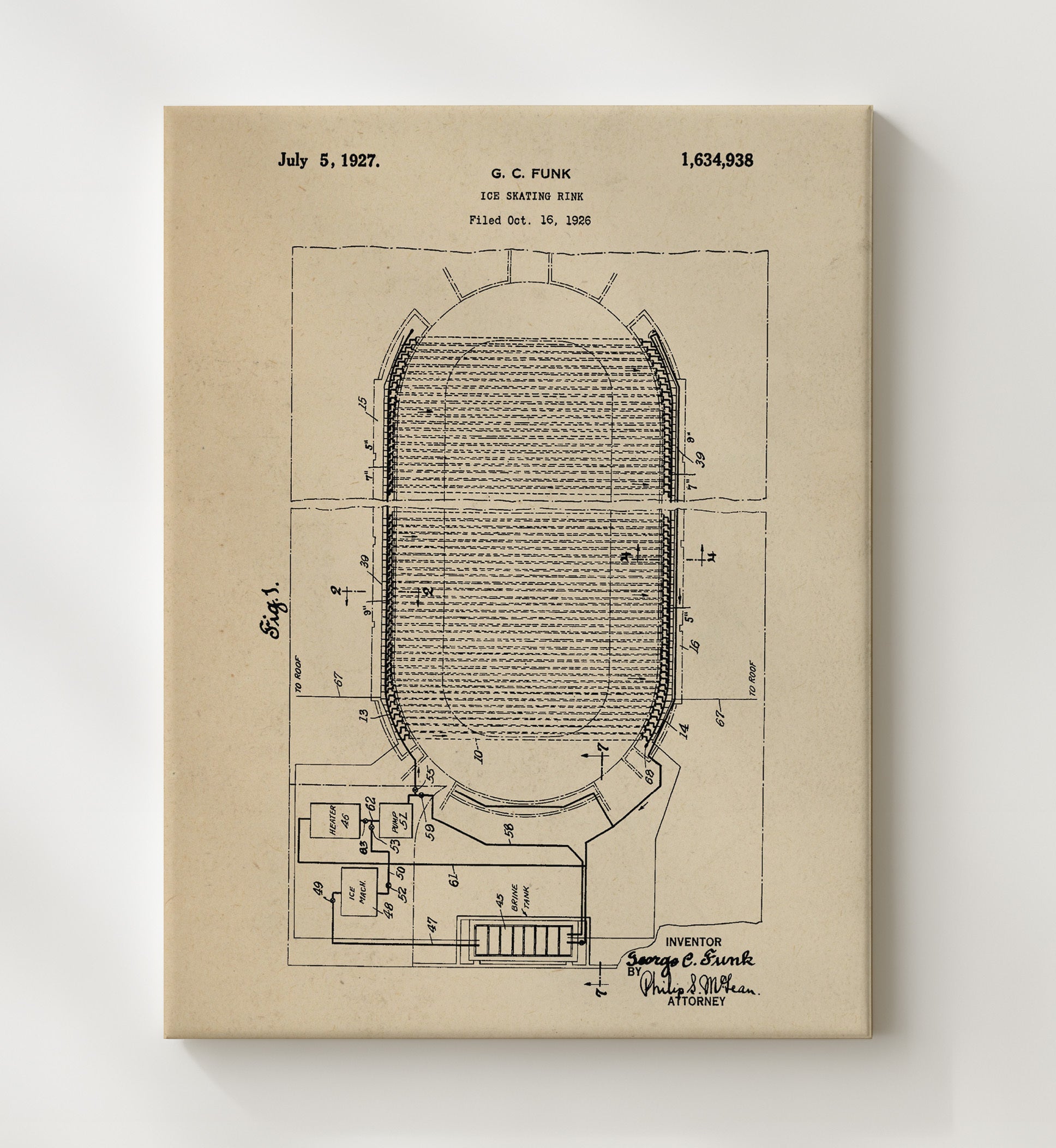 Patent Print - Ice Skating Rink - G C Funk - 1927 - Patent 1634938 Patent Wall Art