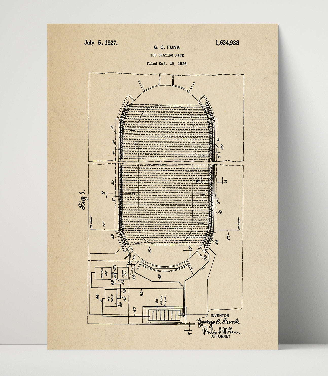 Patent Print - Ice Skating Rink - G C Funk - 1927 - Patent 1634938 Patent Wall Art