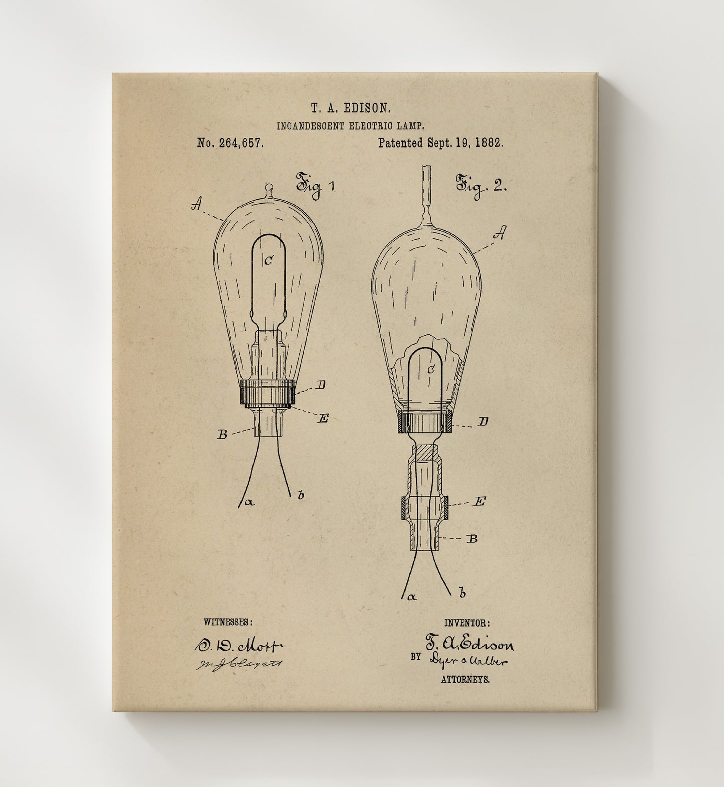 Patent Print - Incandescent Electric Lamp - Thomas Edison - 1882 - Patent 264657 Patent Wall Art