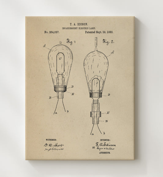 Incandescent Electric Lamp 1882 patent print wall art 8x10 Canvas