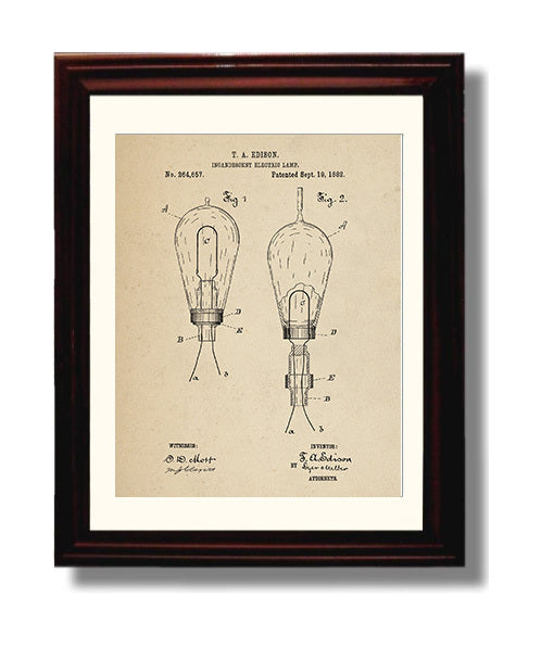 Patent Print - Incandescent Electric Lamp - Thomas Edison - 1882 - Patent 264657 Patent Wall Art