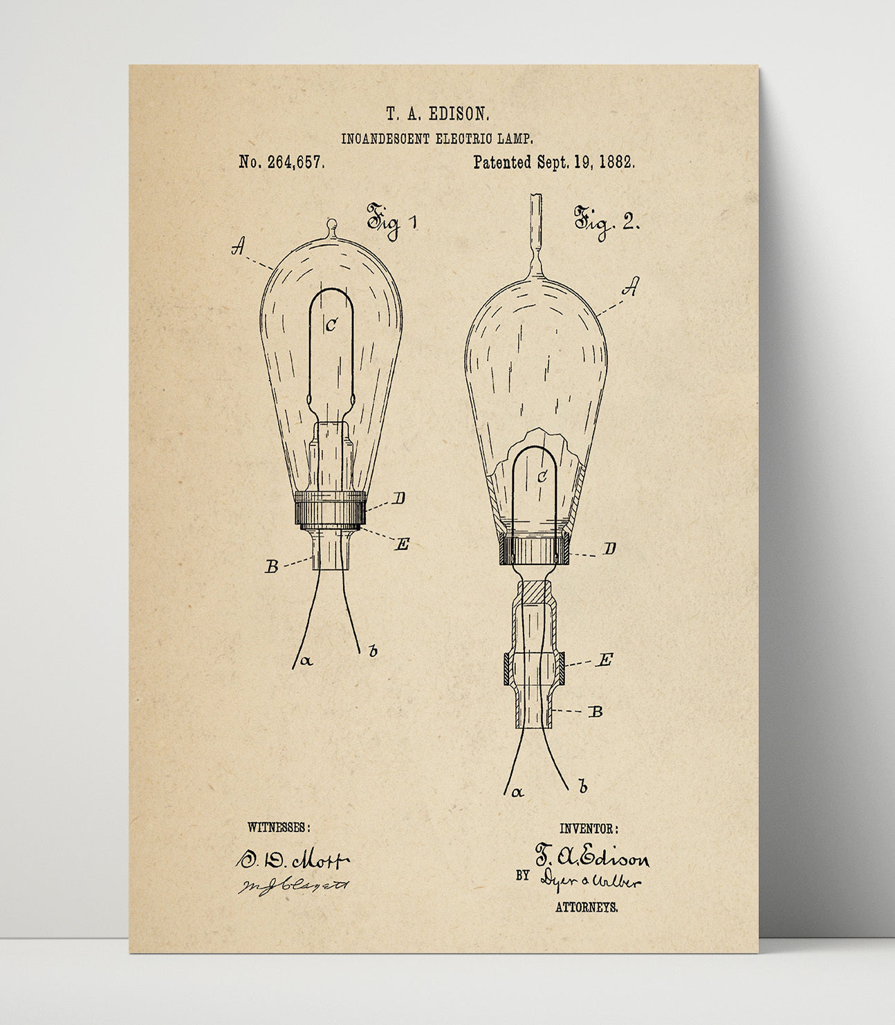 Patent Print - Incandescent Electric Lamp - Thomas Edison - 1882 - Patent 264657 Patent Wall Art
