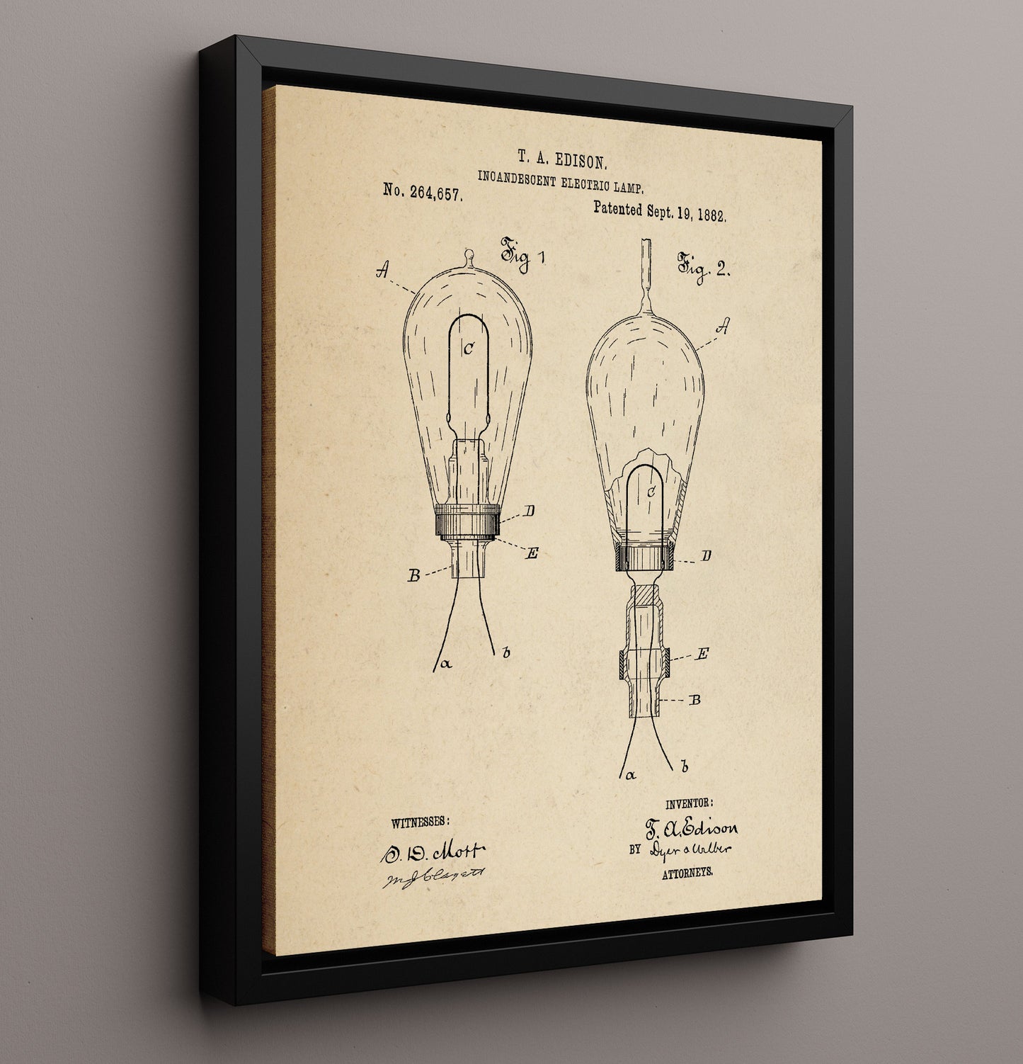 Patent Print - Incandescent Electric Lamp - Thomas Edison - 1882 - Patent 264657 Patent Wall Art