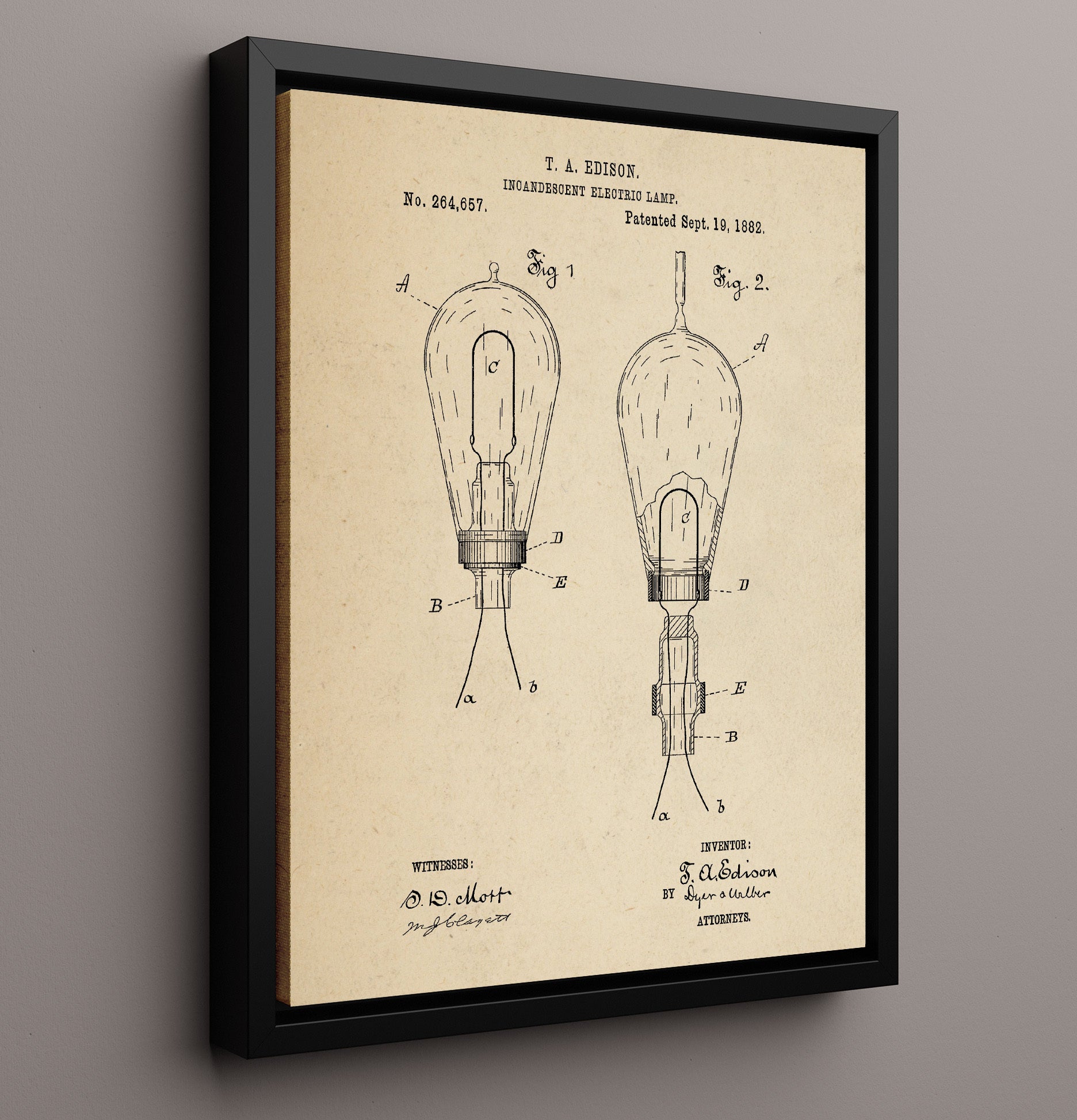 Patent Print - Incandescent Electric Lamp - Thomas Edison - 1882 - Patent 264657 Patent Wall Art