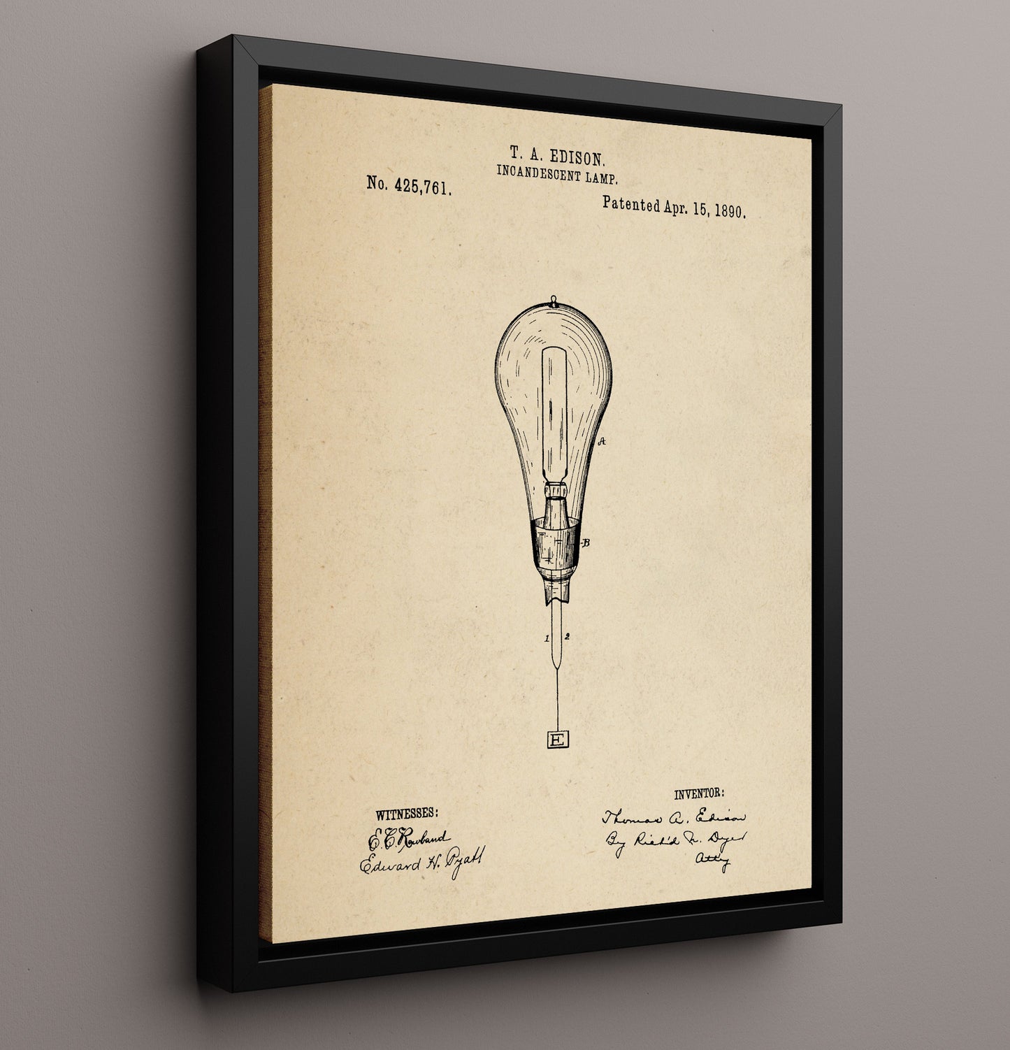 Patent Print - Incandescent Lamp - Thomas A Edison - 1890 - Patent 425761 Patent Wall Art