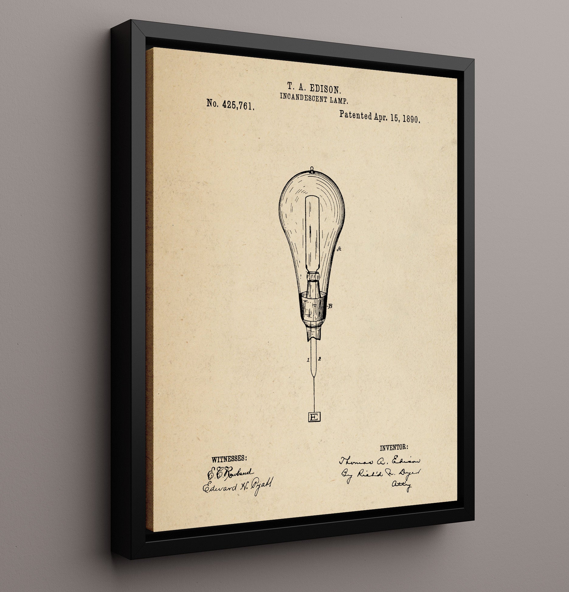 Patent Print - Incandescent Lamp - Thomas A Edison - 1890 - Patent 425761 Patent Wall Art