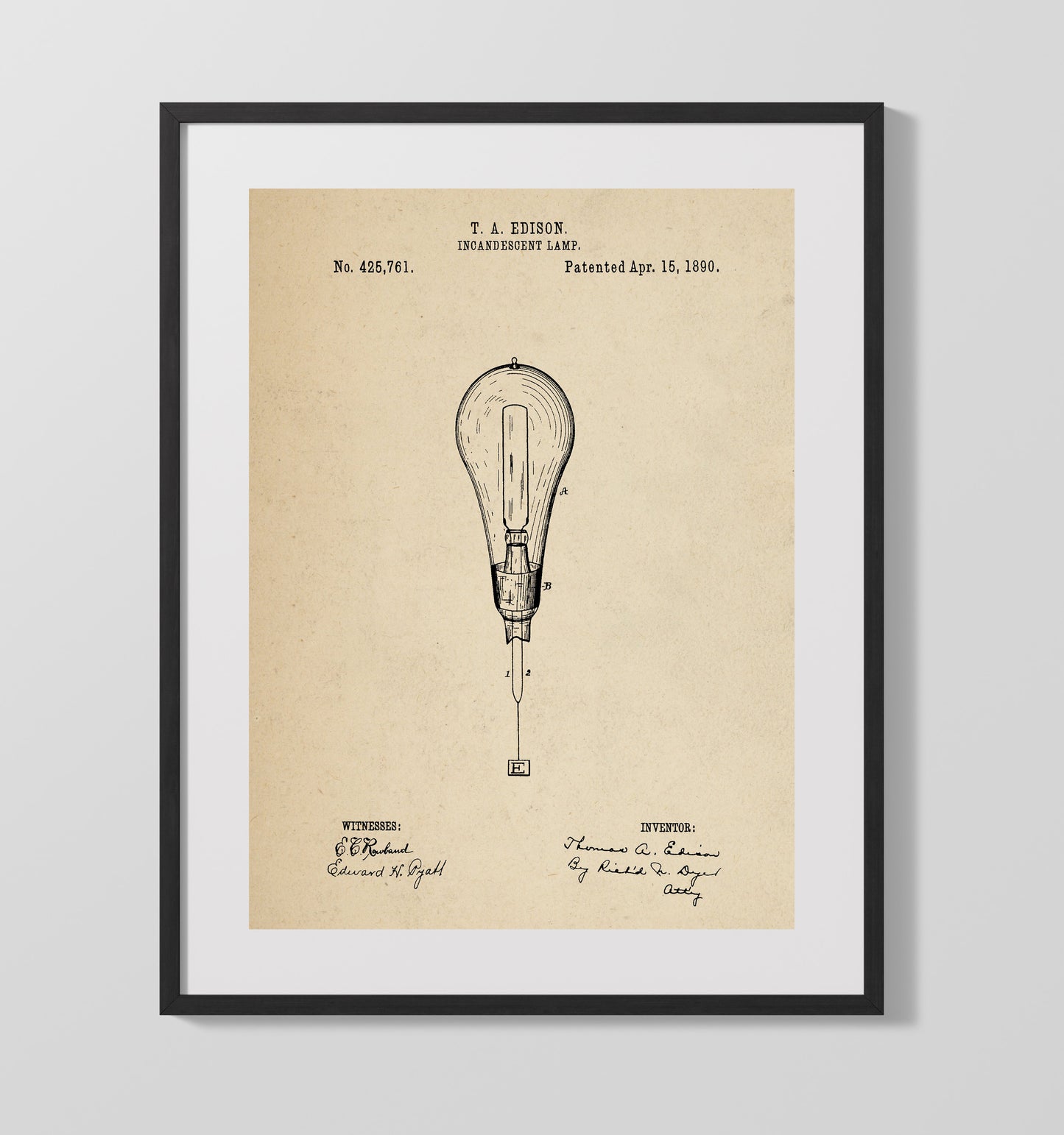 Patent Print - Incandescent Lamp - Thomas A Edison - 1890 - Patent 425761 Patent Wall Art