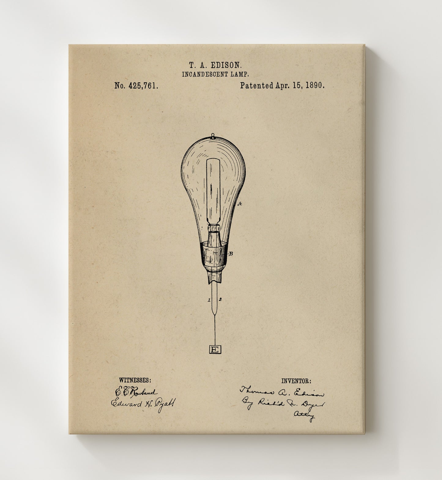 Patent Print - Incandescent Lamp - Thomas A Edison - 1890 - Patent 425761 Patent Wall Art