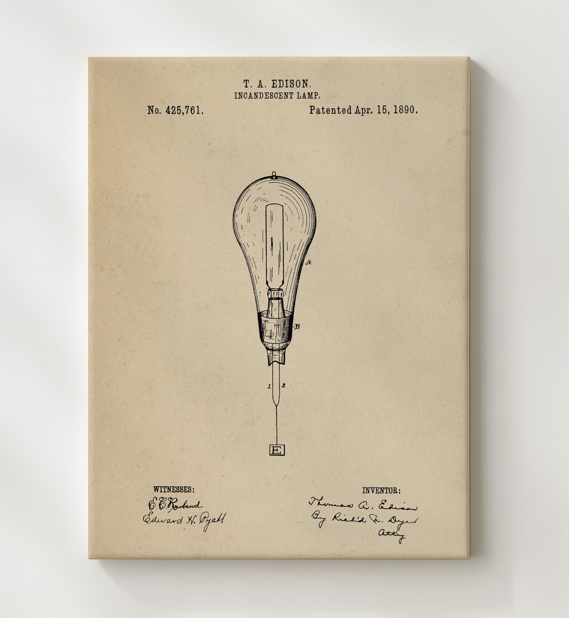 Patent Print - Incandescent Lamp - Thomas A Edison - 1890 - Patent 425761 Patent Wall Art