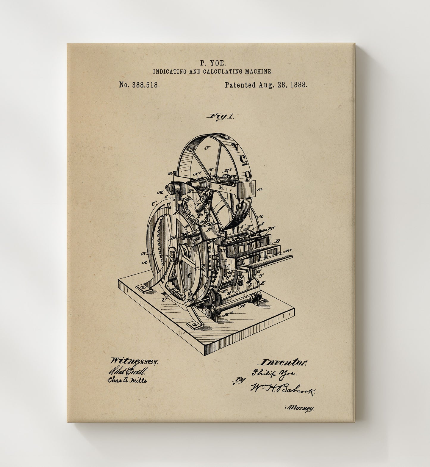 Patent Print - Indicating And Calculating Machine - Philip Yoe - 1888 - Patent 388518 Patent Wall Art