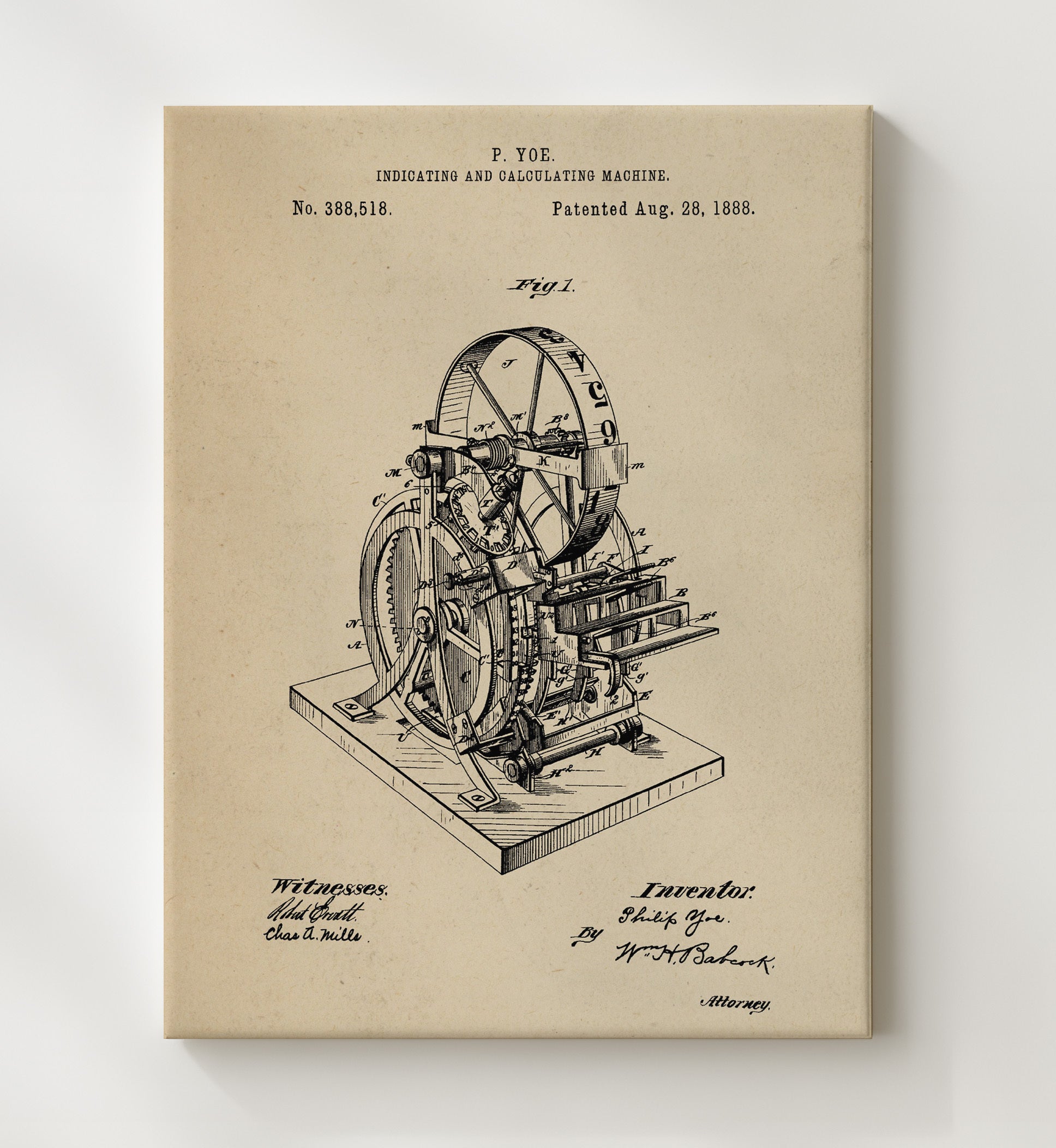 Patent Print - Indicating And Calculating Machine - Philip Yoe - 1888 - Patent 388518 Patent Wall Art