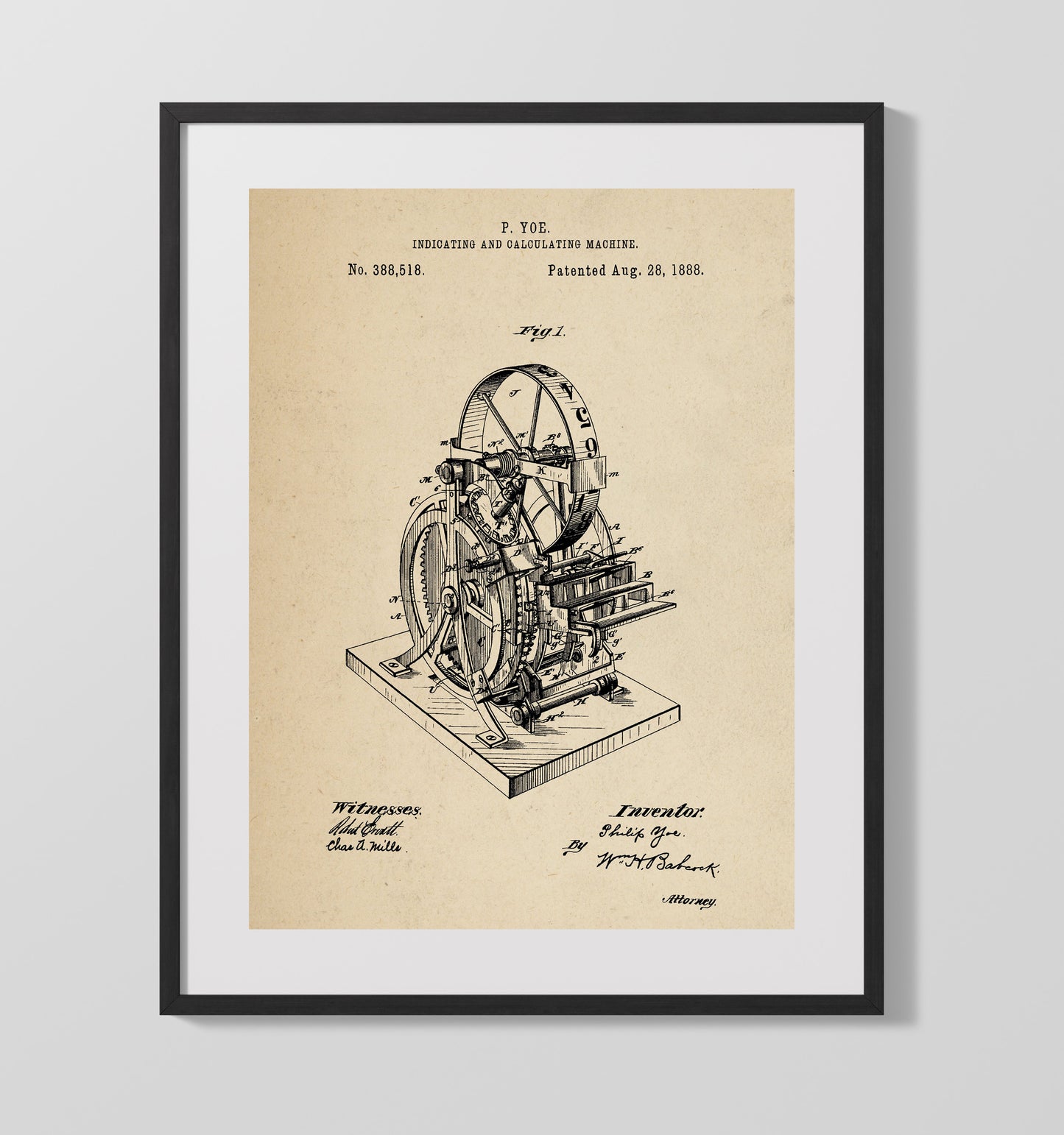 Patent Print - Indicating And Calculating Machine - Philip Yoe - 1888 - Patent 388518 Patent Wall Art