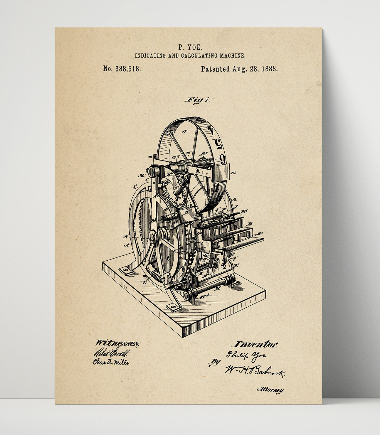 Patent Print - Indicating And Calculating Machine - Philip Yoe - 1888 - Patent 388518 Patent Wall Art