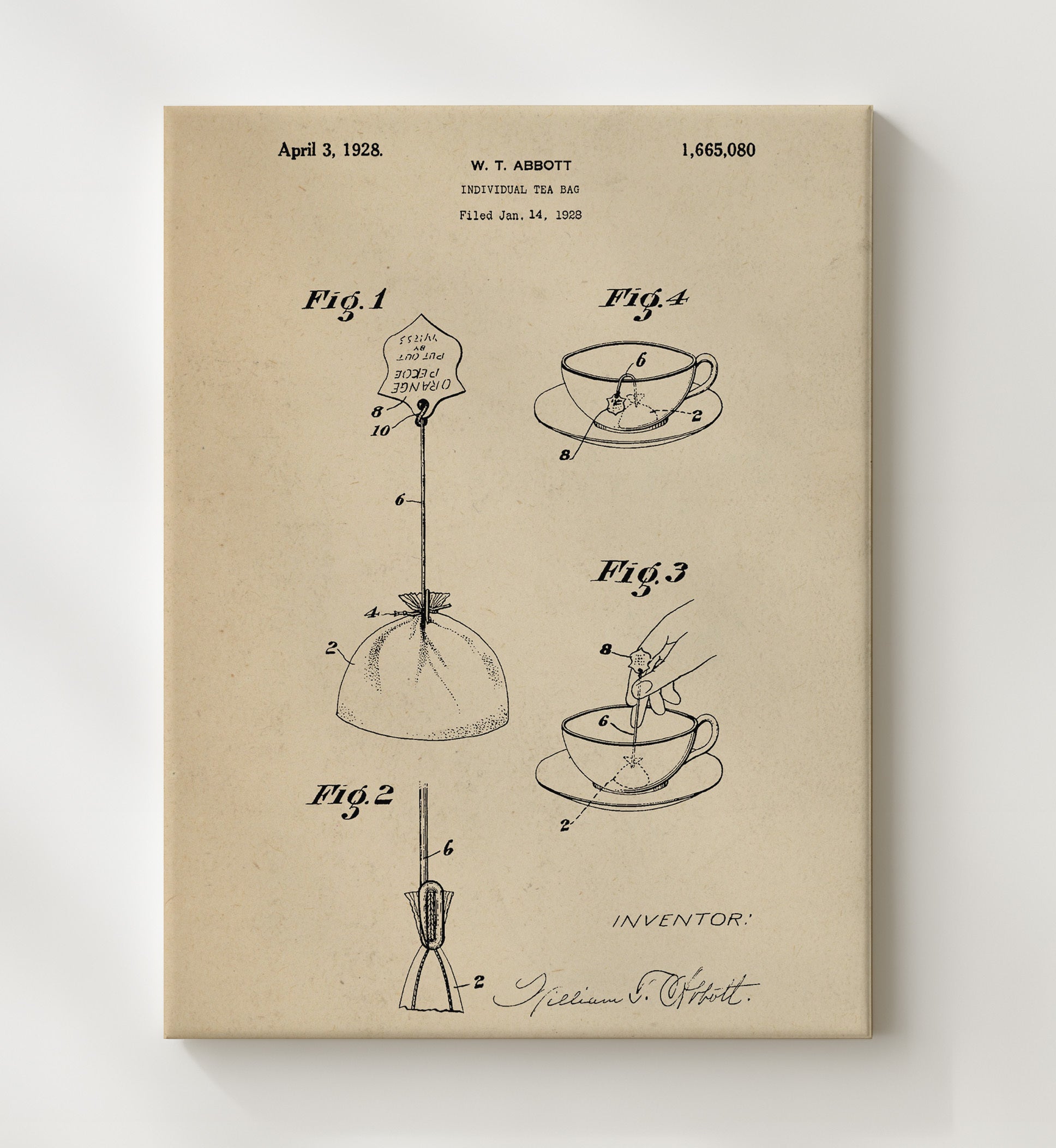 Patent Print - Individual Tea Bag - W.T. Abbott - 1928 - Patent 1665080 Patent Wall Art