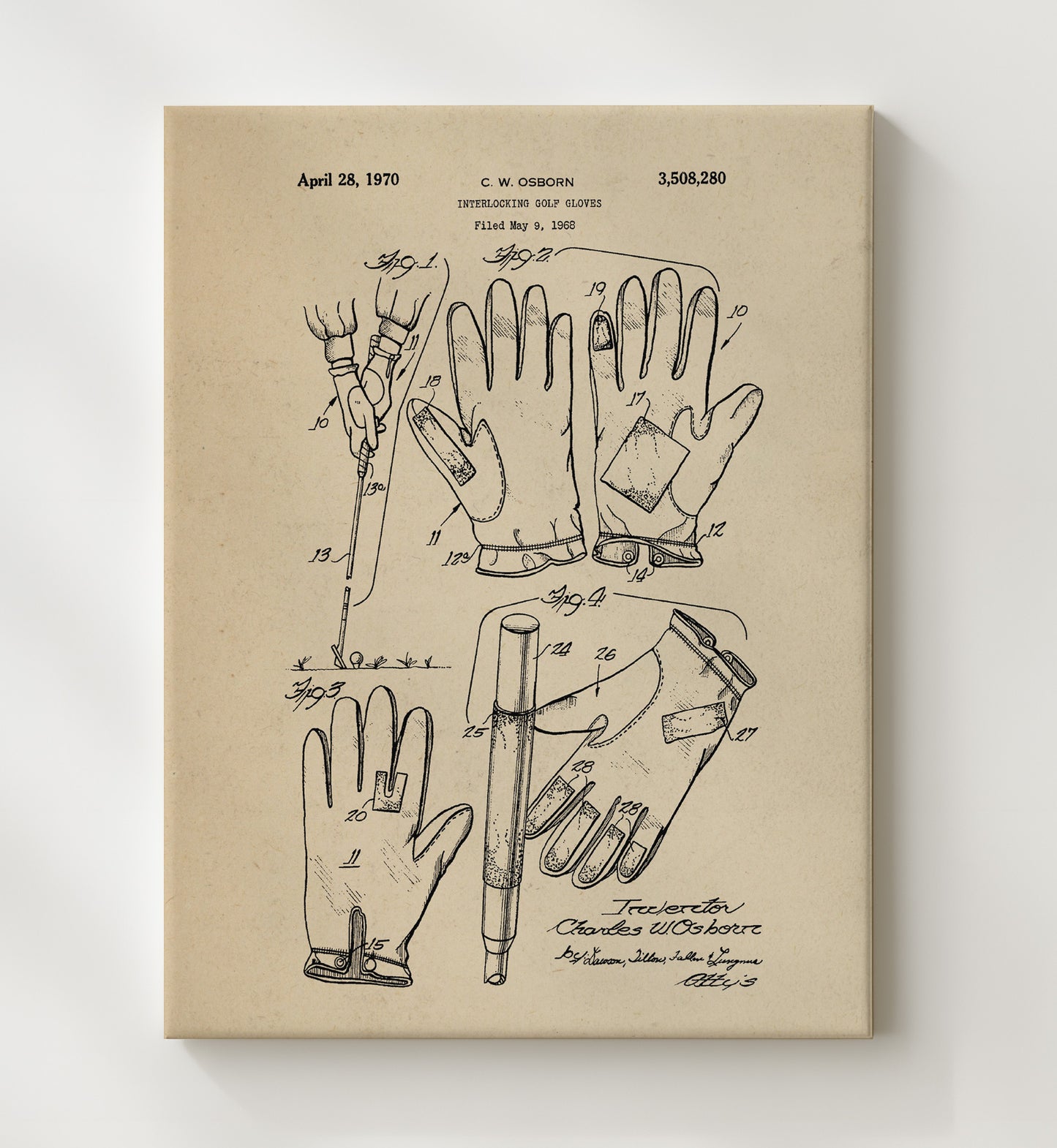 Patent Print - Interlocking Golf Gloves - C W Osborn - 1970 - Patent 3508280 Patent Wall Art