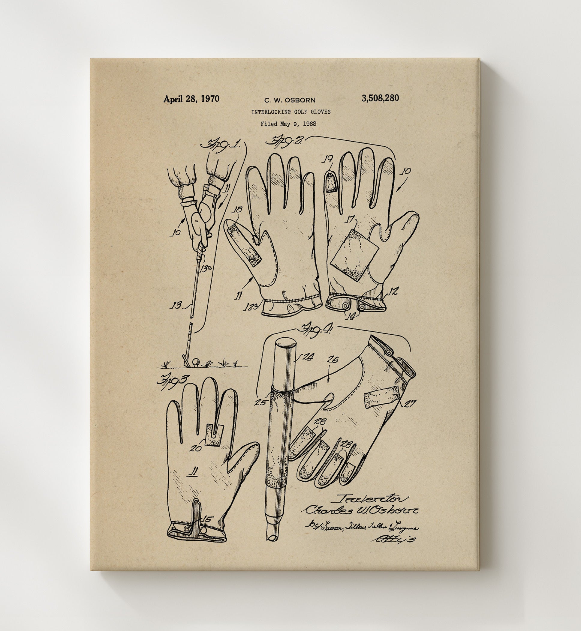 Patent Print - Interlocking Golf Gloves - C W Osborn - 1970 - Patent 3508280 Patent Wall Art