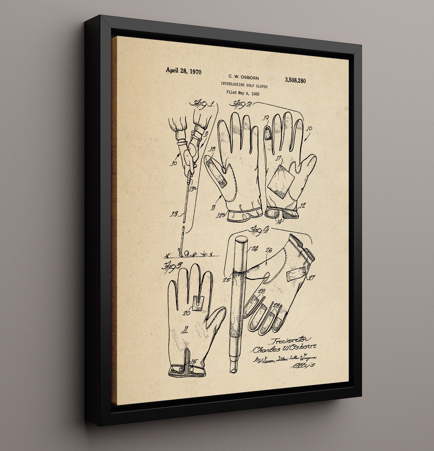 Patent Print - Interlocking Golf Gloves - C W Osborn - 1970 - Patent 3508280 Patent Wall Art