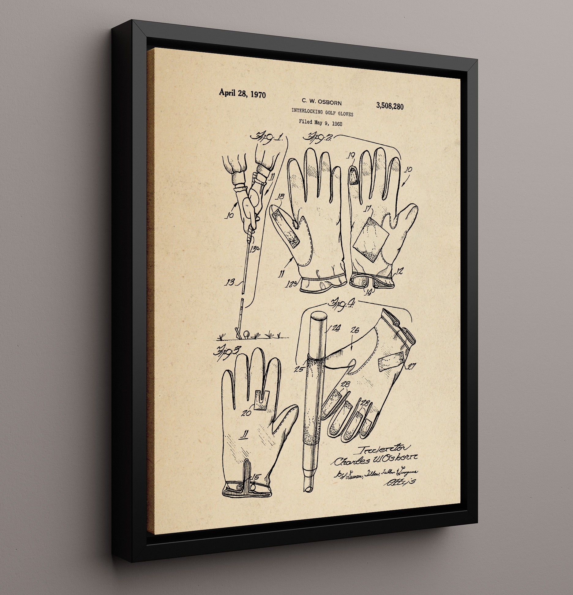 Patent Print - Interlocking Golf Gloves - C W Osborn - 1970 - Patent 3508280 Patent Wall Art