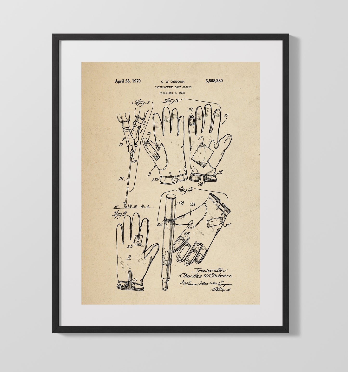 Patent Print - Interlocking Golf Gloves - C W Osborn - 1970 - Patent 3508280 Patent Wall Art