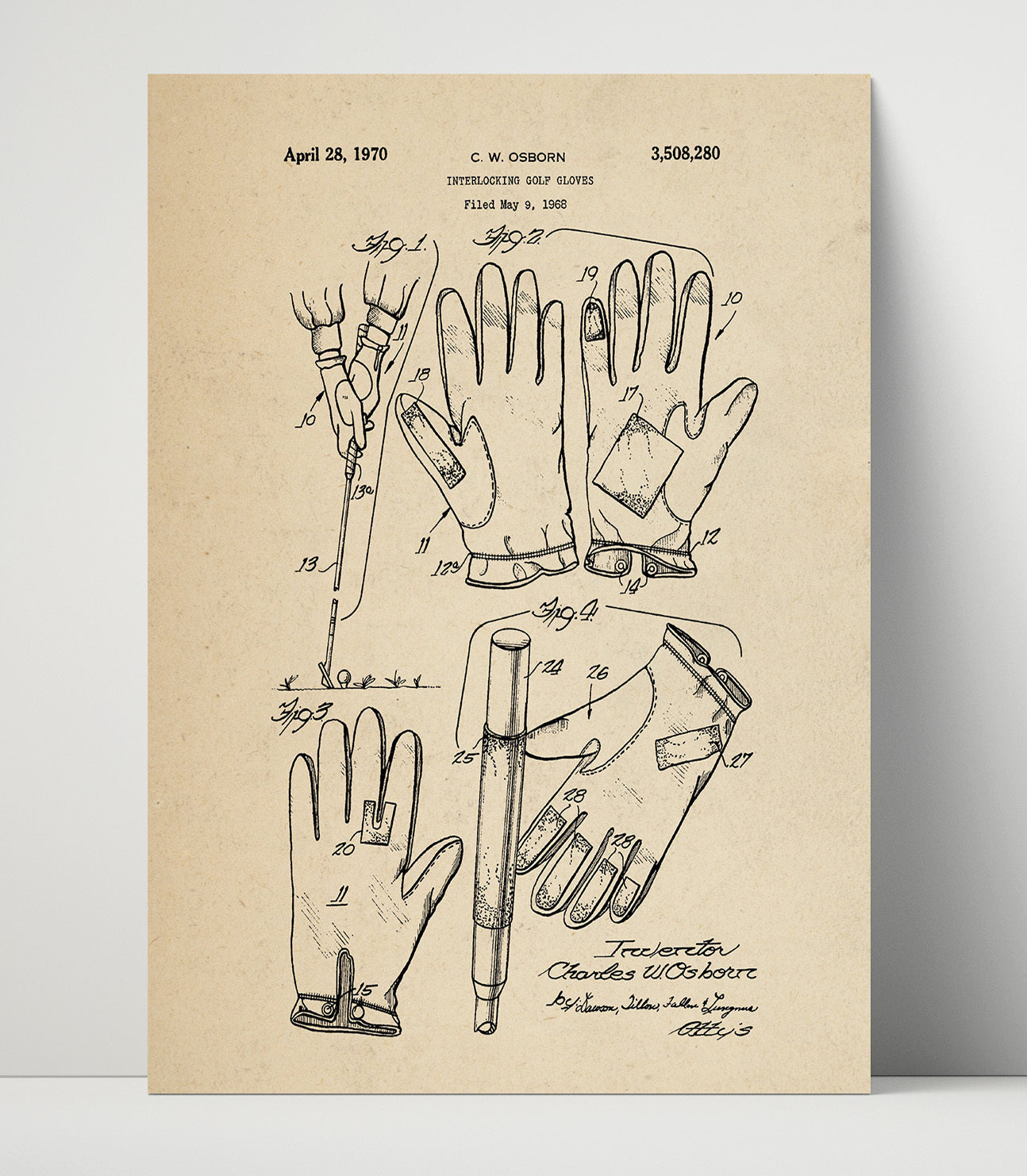 Patent Print - Interlocking Golf Gloves - C W Osborn - 1970 - Patent 3508280 Patent Wall Art