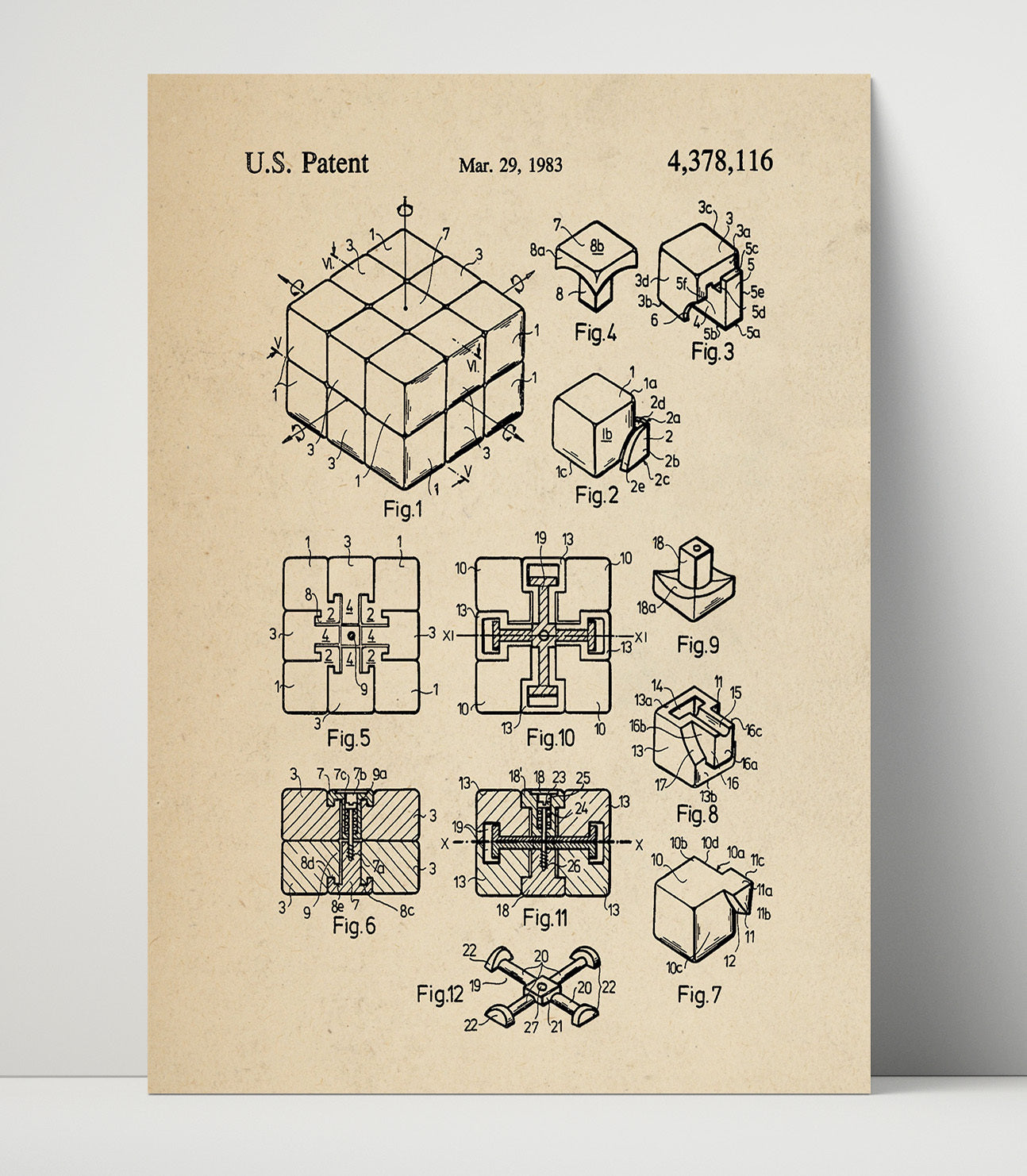 Patent Print - Interlocking Puzzle Cube - Unknown Inventor - 1983 - Patent 4378116 Patent Wall Art