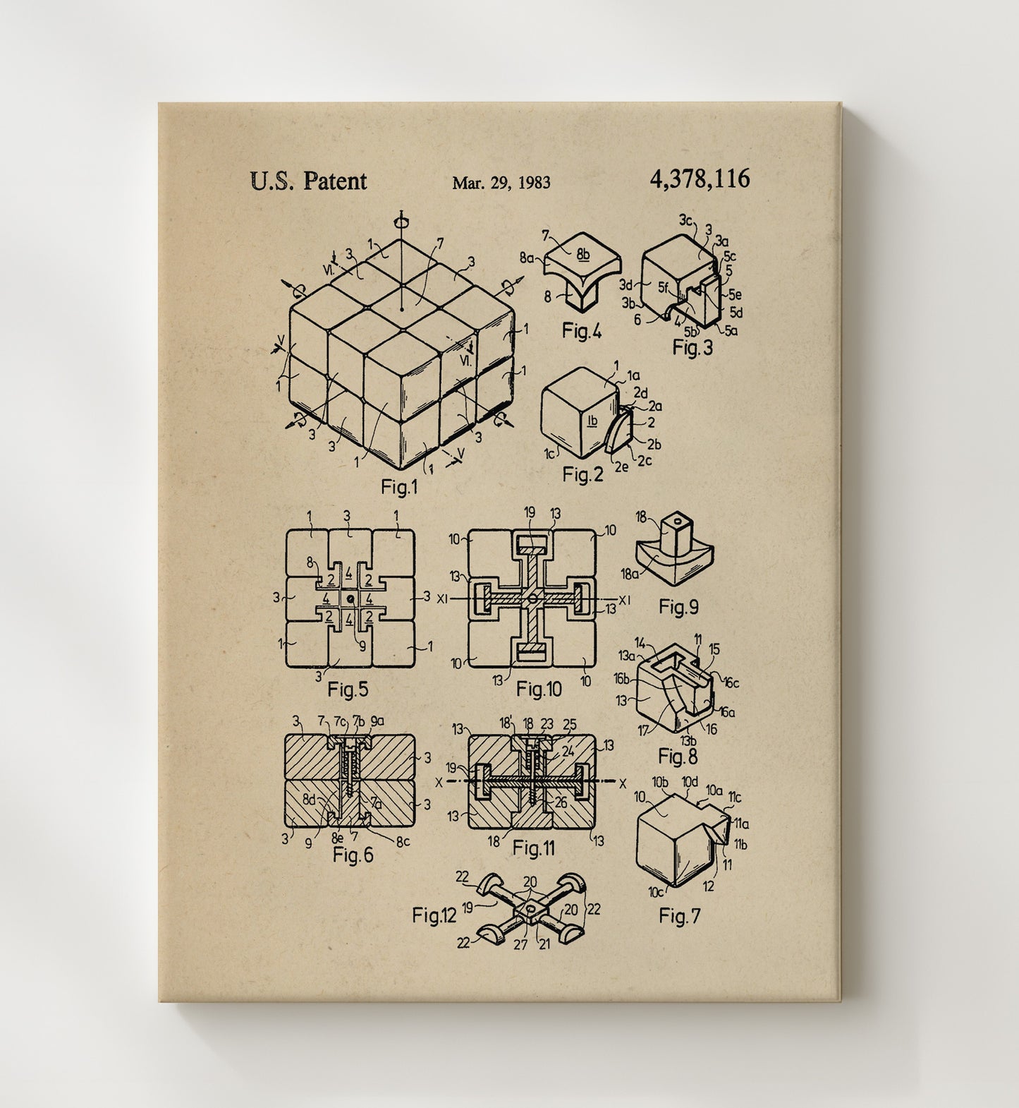 Patent Print - Interlocking Puzzle Cube - Unknown Inventor - 1983 - Patent 4378116 Patent Wall Art