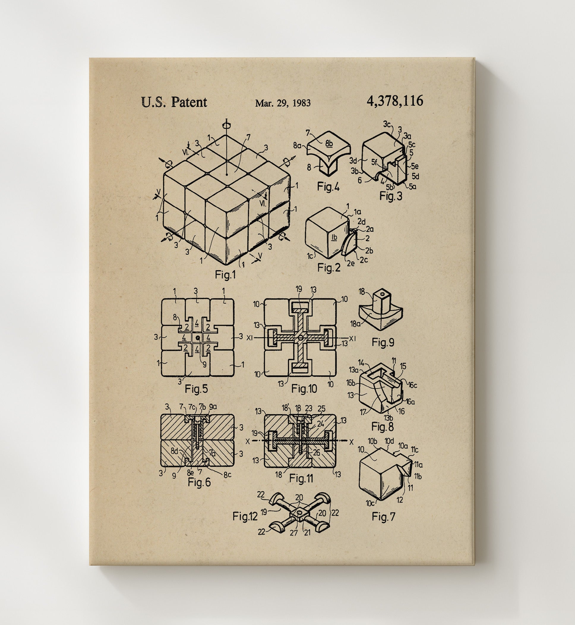 Patent Print - Interlocking Puzzle Cube - Unknown Inventor - 1983 - Patent 4378116 Patent Wall Art