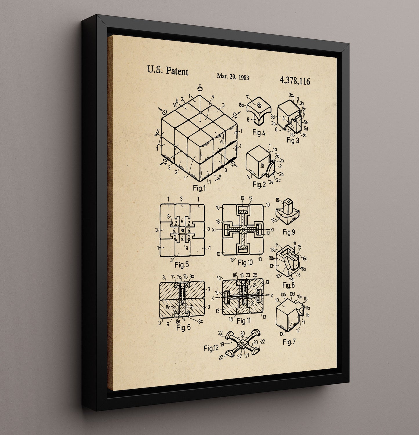 Patent Print - Interlocking Puzzle Cube - Unknown Inventor - 1983 - Patent 4378116 Patent Wall Art