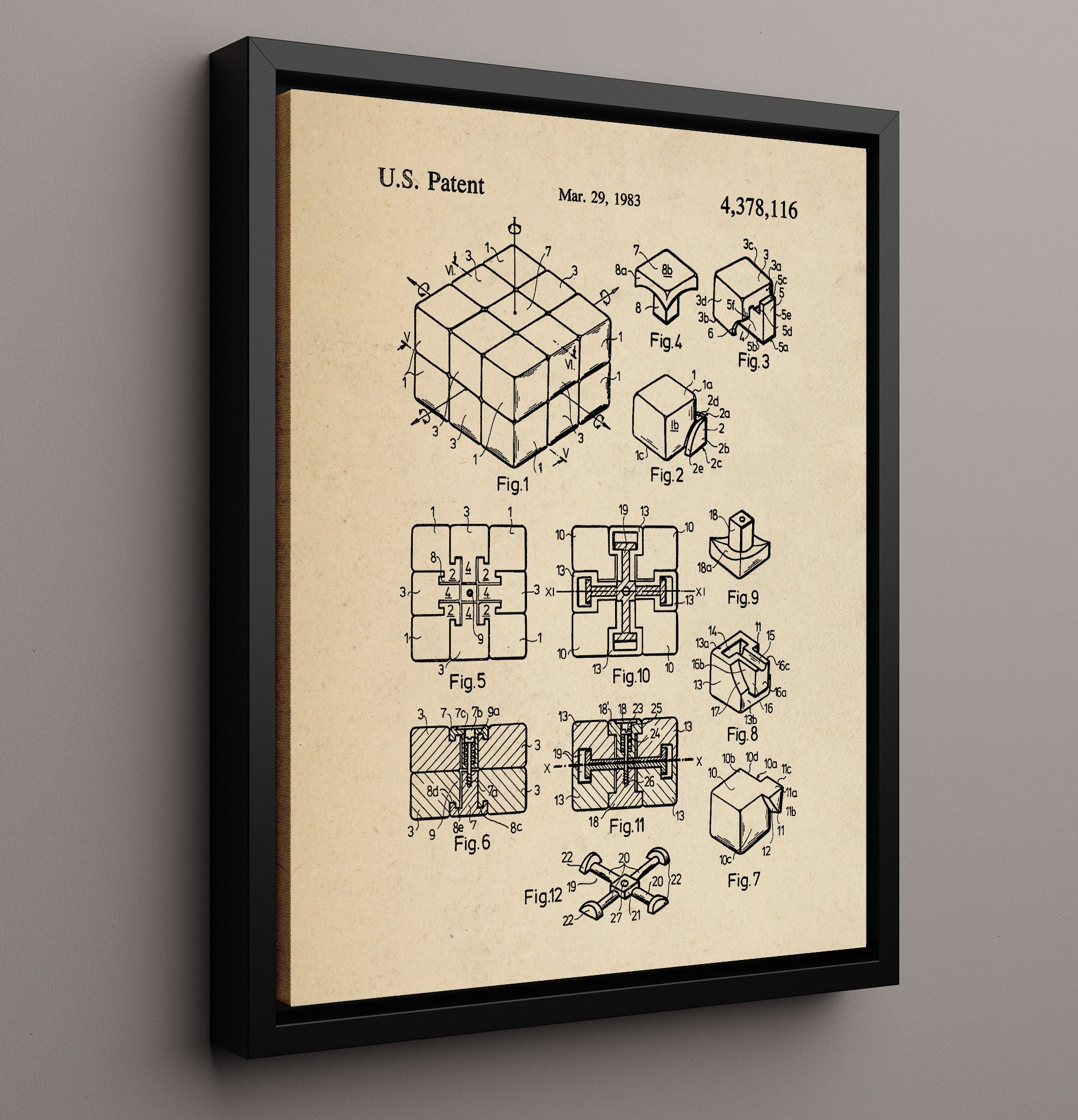 Patent Print - Interlocking Puzzle Cube - Unknown Inventor - 1983 - Patent 4378116 Patent Wall Art
