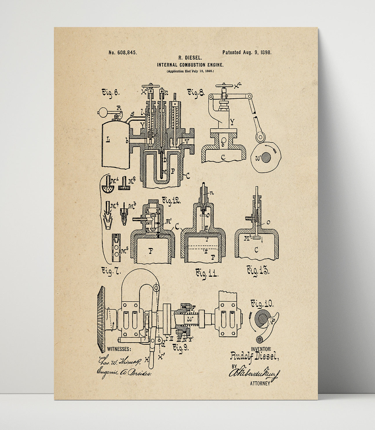 Patent Print - Internal Combustion Engine - Rudolf Diesel - 1898 - Patent 608845 Patent Wall Art