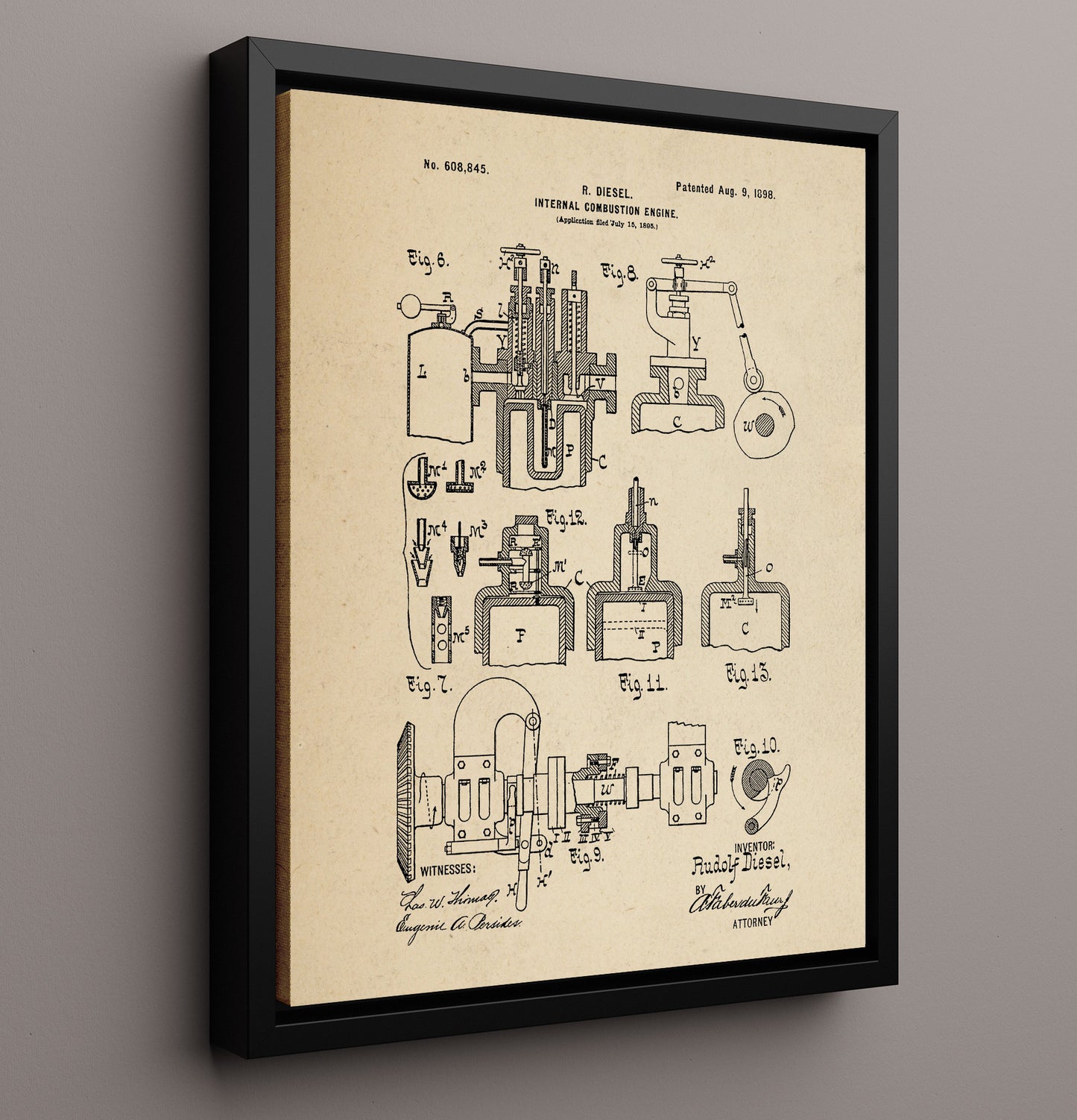 Patent Print - Internal Combustion Engine - Rudolf Diesel - 1898 - Patent 608845 Patent Wall Art