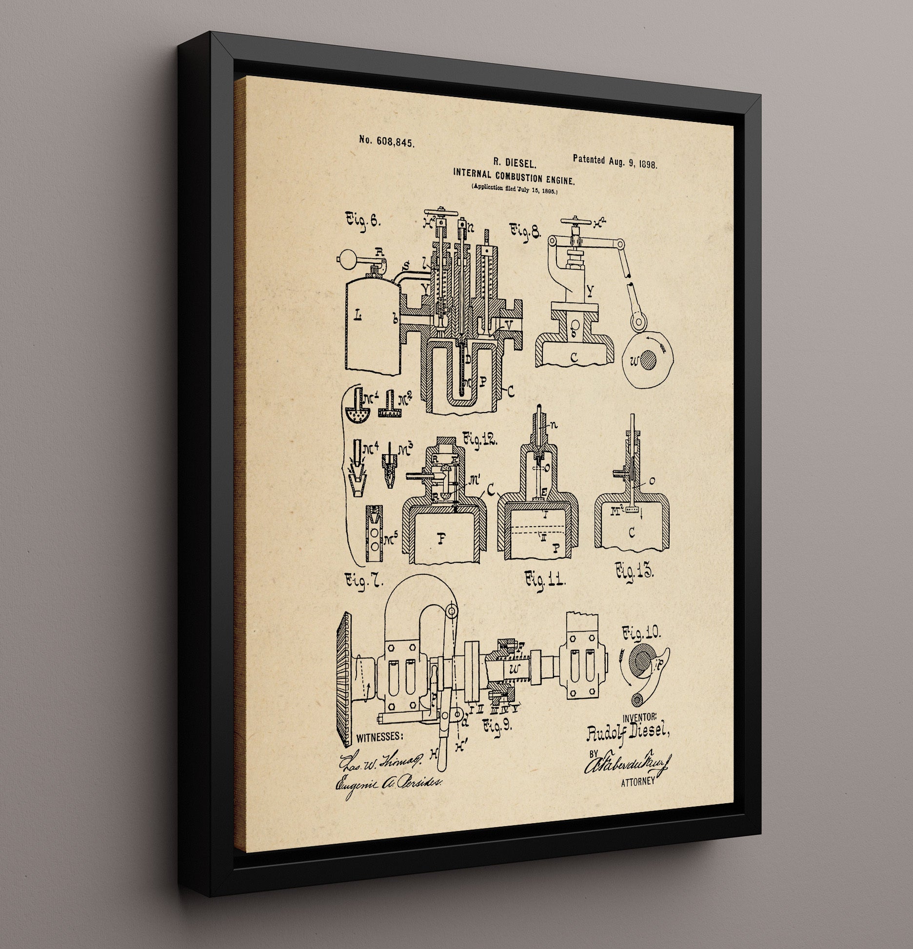 Patent Print - Internal Combustion Engine - Rudolf Diesel - 1898 - Patent 608845 Patent Wall Art