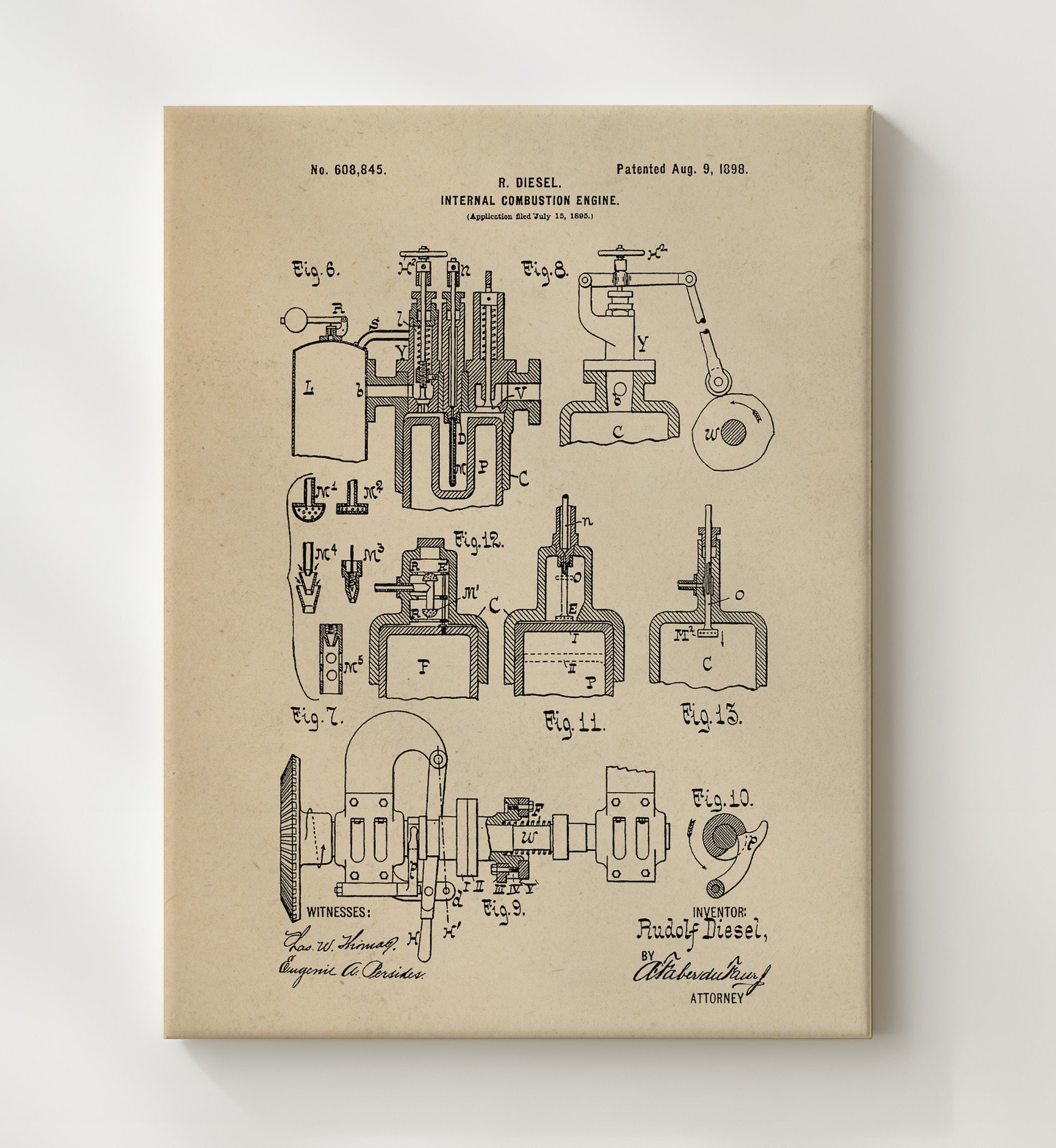 Patent Print - Internal Combustion Engine - Rudolf Diesel - 1898 - Patent 608845 Patent Wall Art