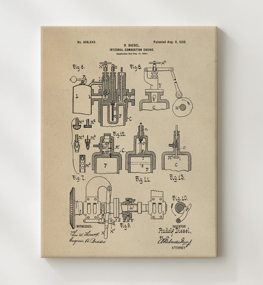 Internal Combustion Engine 1898 patent print wall art 8x10 Canvas