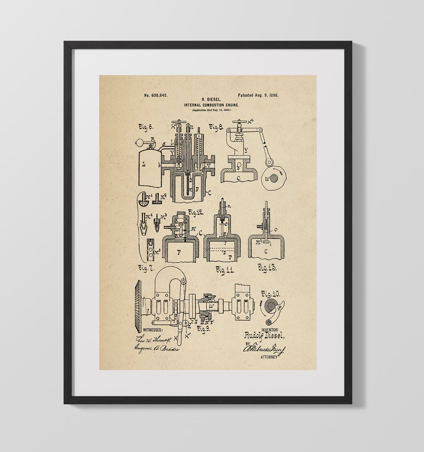 Patent Print - Internal Combustion Engine - Rudolf Diesel - 1898 - Patent 608845 Patent Wall Art
