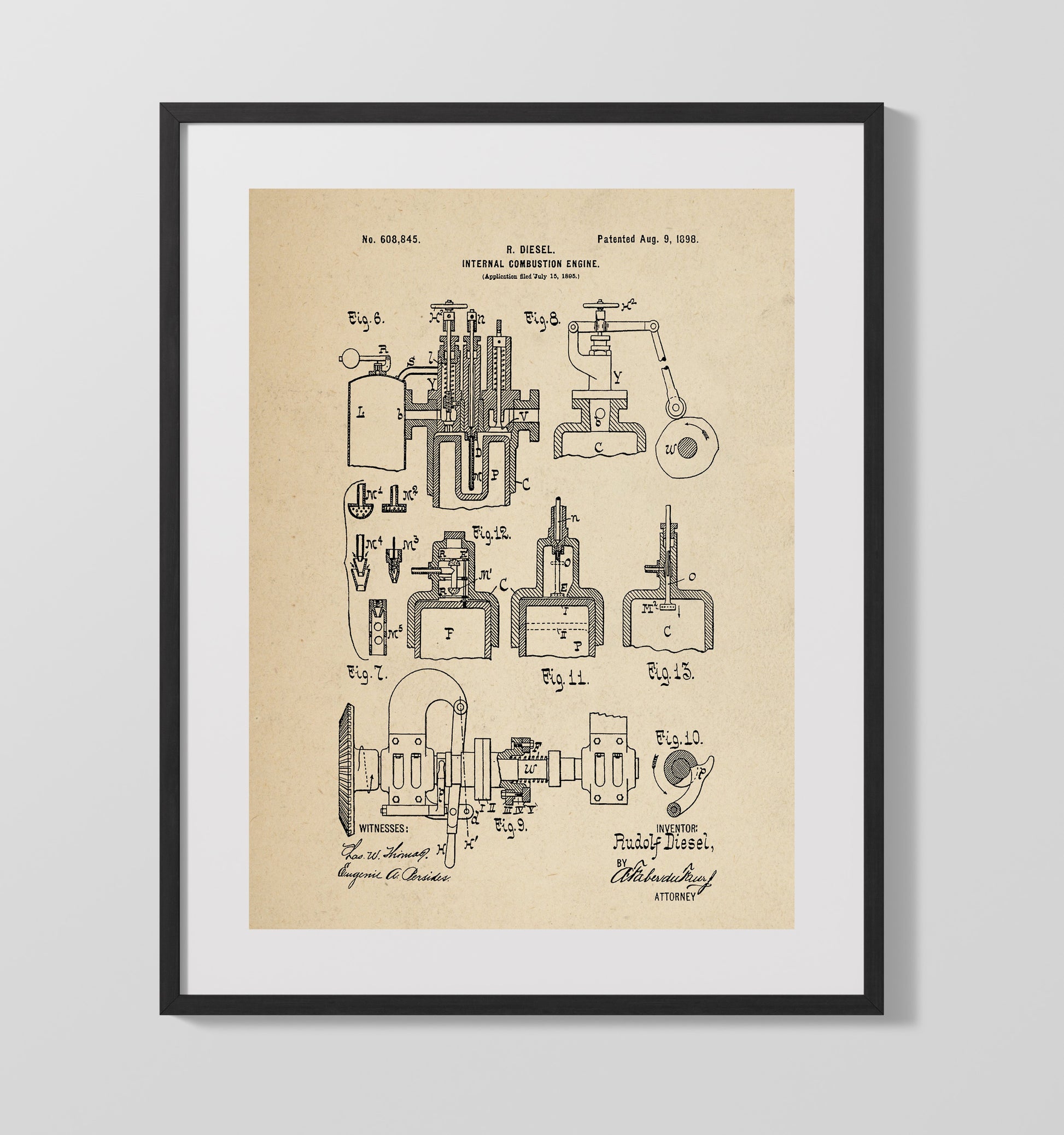 Patent Print - Internal Combustion Engine - Rudolf Diesel - 1898 - Patent 608845 Patent Wall Art