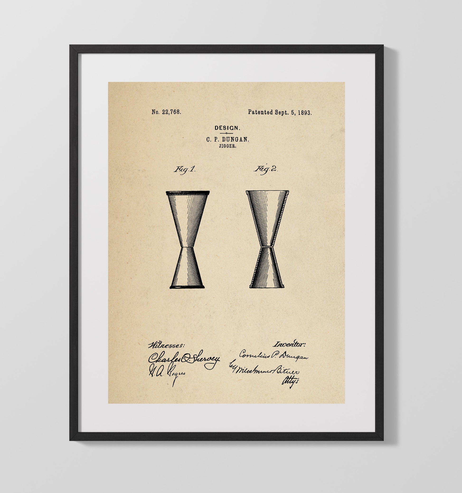 Patent Print - Jigger - C.P. Dungan - 1893 - Patent D22768 Patent Wall Art